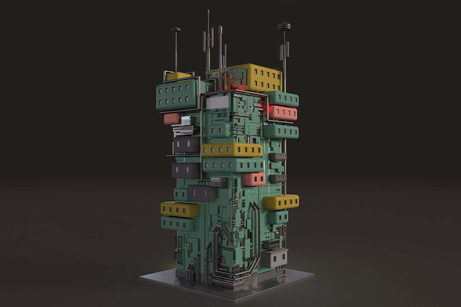 3d Modeling 桌布 壁紙 — 一座高聳的未來主義建築，堆疊著綠色、黃色和紅色的模塊及天線陣列，背景為深色。