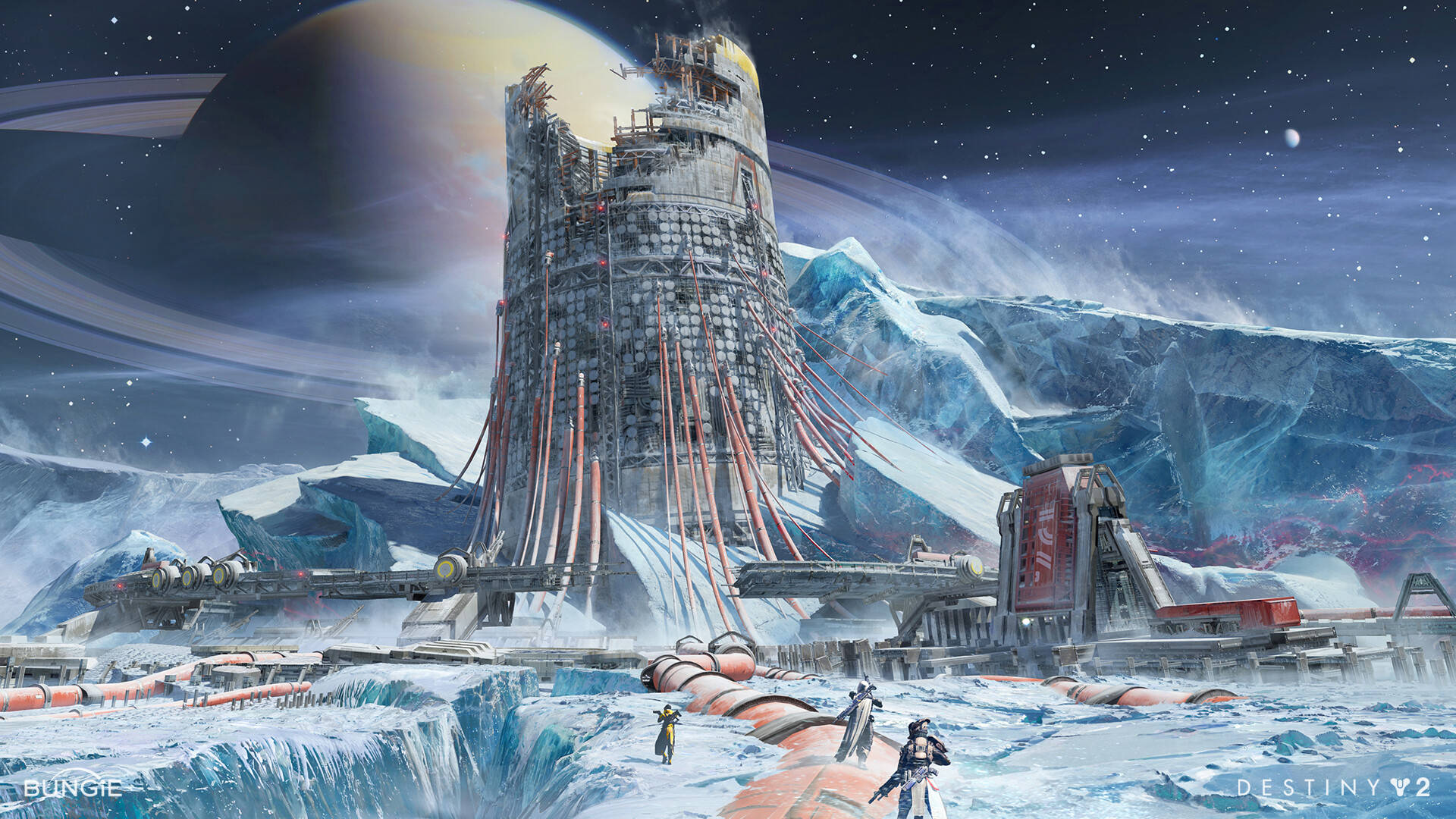 destiny 4K 桌布 壁紙 — 一座高聳的未來太空站從冰封的外星山脈中升起，星空下，一顆巨大的環狀行星懸掛在頭頂。