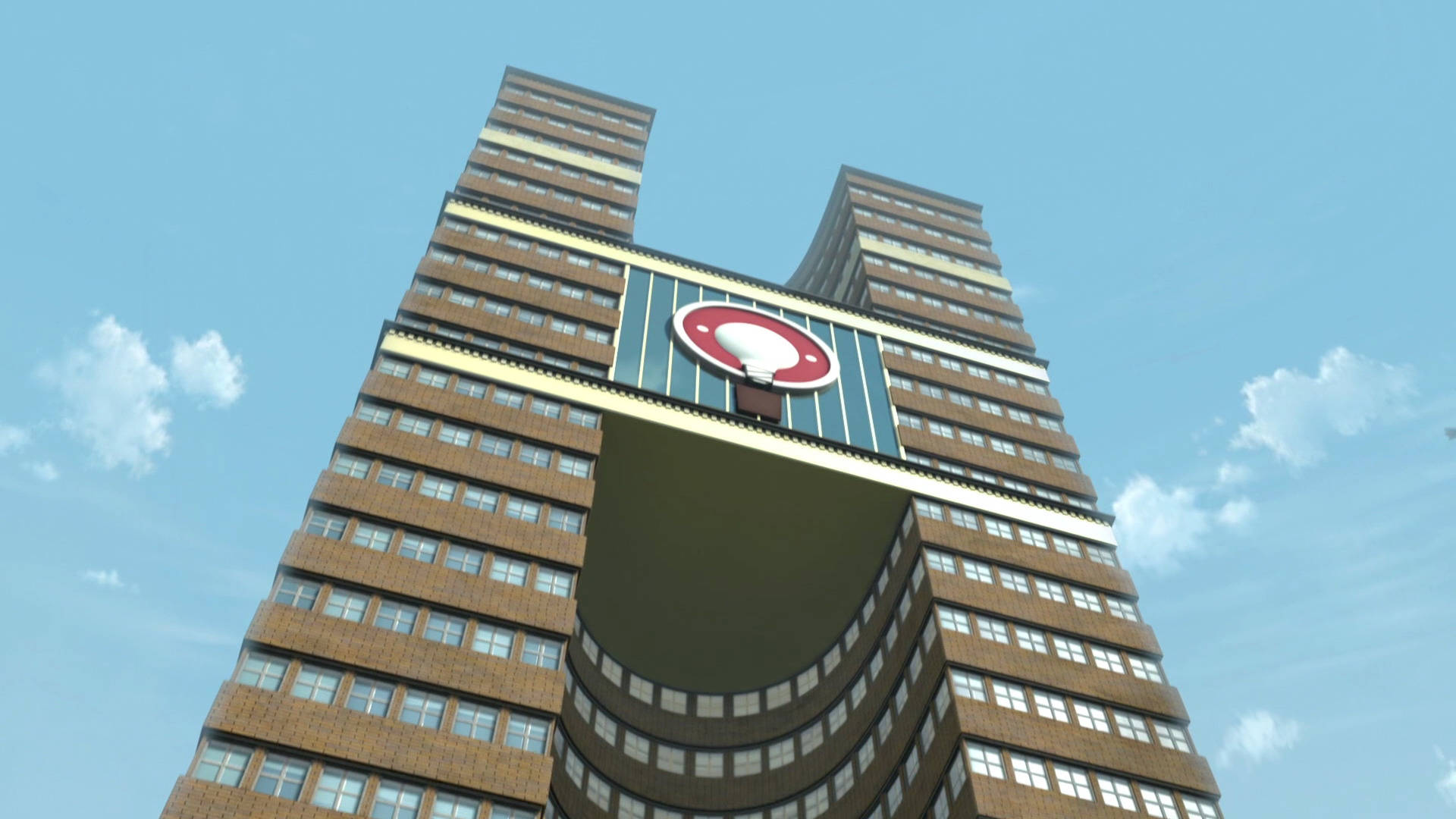 meet the robinsons 桌布 壁紙 — 一座高聳的棕色摩天大樓，在晴朗的藍天白雲下，有一條彎曲的天橋連接兩翼。