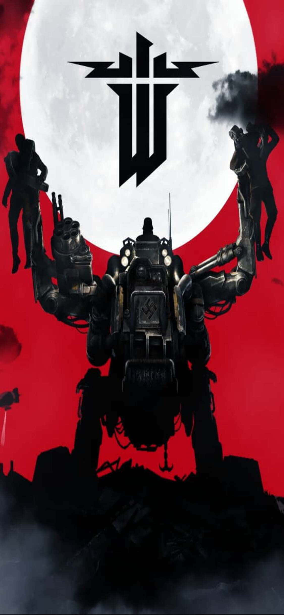 iPhone Xs Wolfenstein Ii 桌布 壁紙 — 一座高聳的機械戰爭機器矗立在血紅色的天空下，伴隨著滿月和上方一個風格化的標誌。