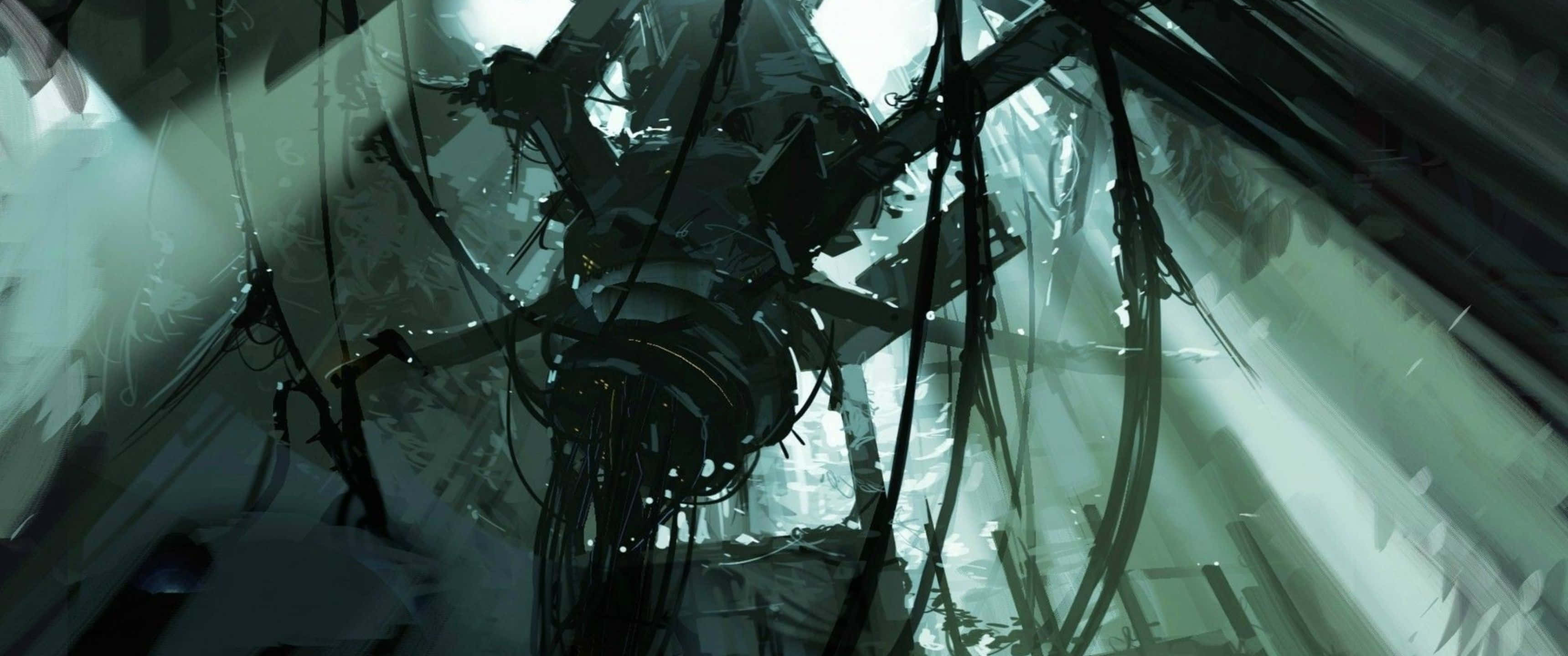 3440x1440p Portal 2 桌布 壁紙 — 一座高聳的機械結構，纏繞著電線和管道，在霧氣瀰漫、光線昏暗的工業空間中隱約出現。