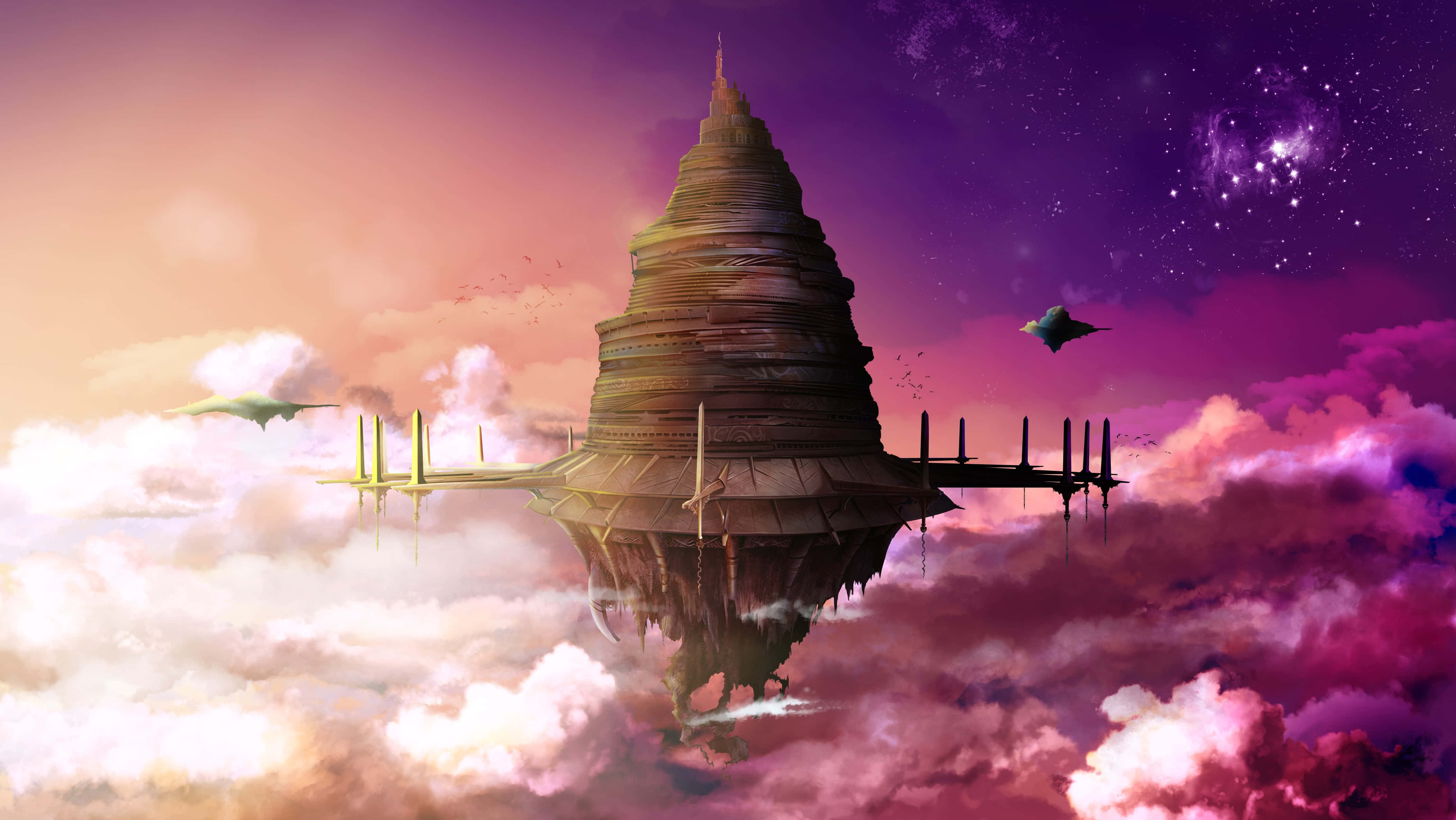 Sao 桌布 壁紙 — 一座高聳的浮空寺廟帶有鏡面倒影，懸浮在雲層之上，下方是繁星點點的紫色和粉紅色天空，有飛行的生物。