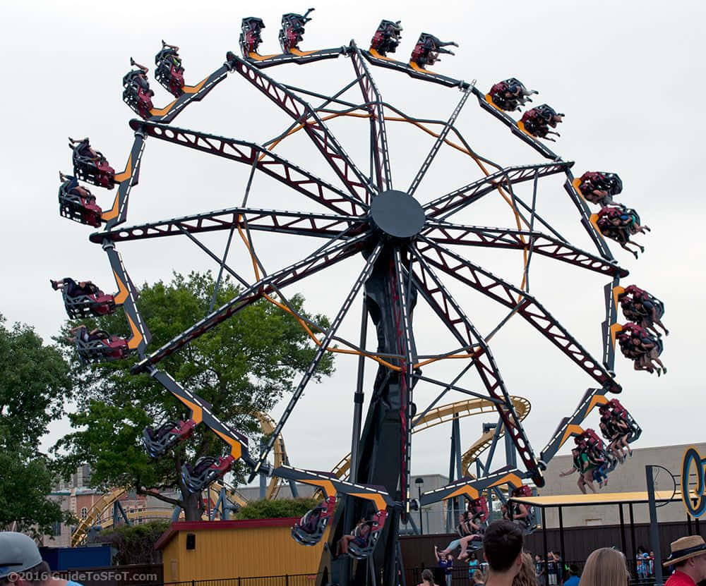 Six Flags 桌布 壁紙 — 一座高聳的深色金屬鞦韆將騎乘者高高甩向空中，背景是陰天、樹木和雲霄飛車。