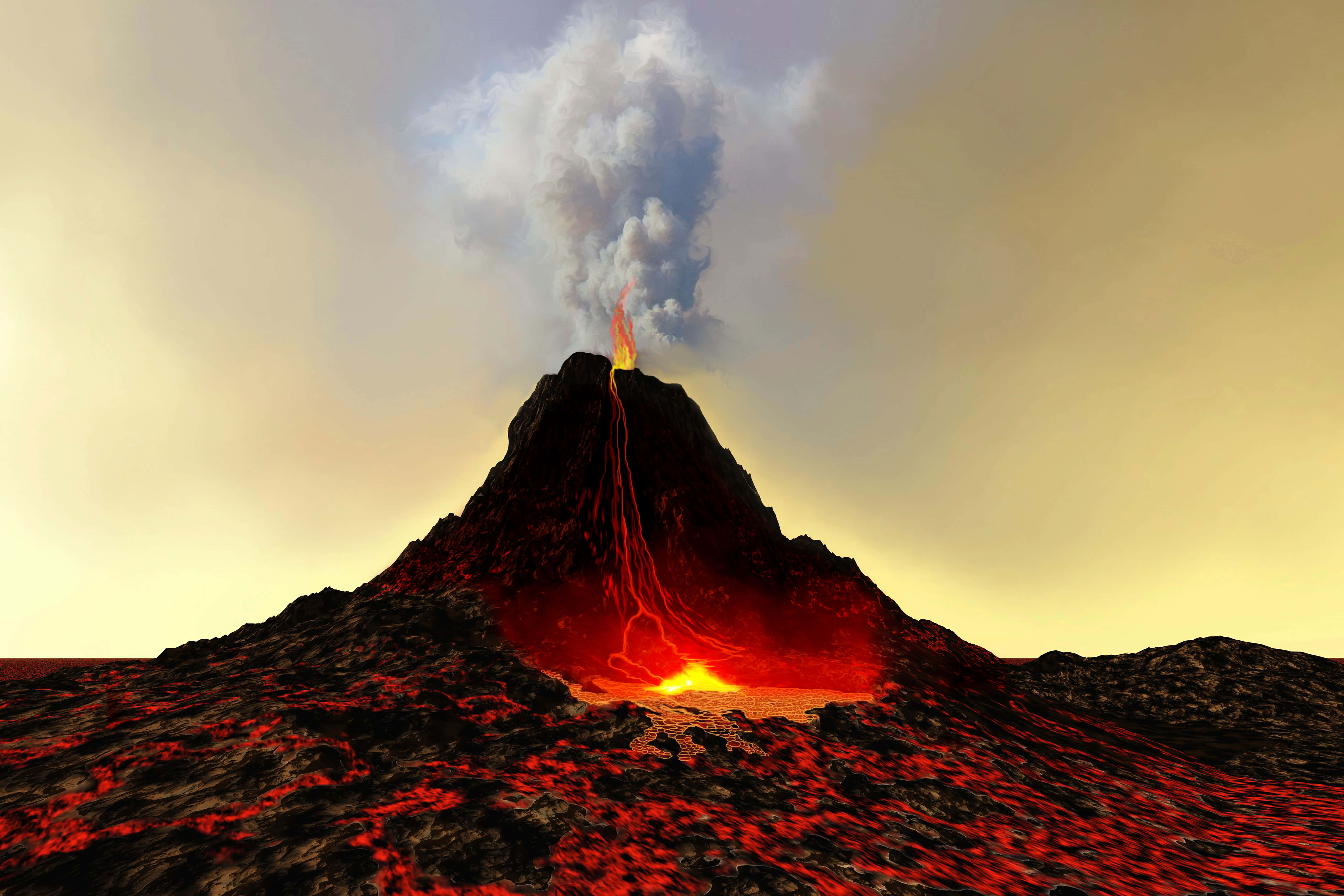 Volcano 桌布 壁紙 — 一座高聳的火山爆發，熾熱的熔岩沿著山坡流下，映襯著朦朧的金色天空。