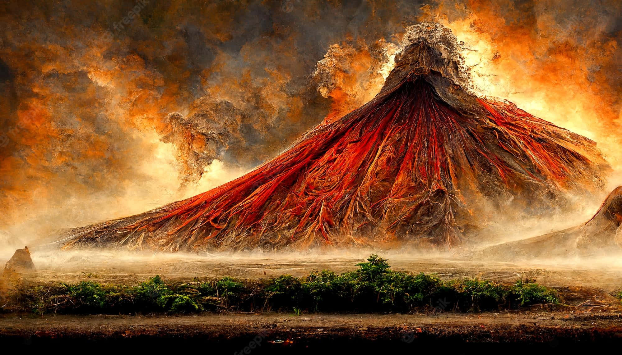 自然 桌布 壁紙 — 一座高聳的火山爆發，熾熱的紅色熔岩流在戲劇性的橙色和灰色天空映襯下。