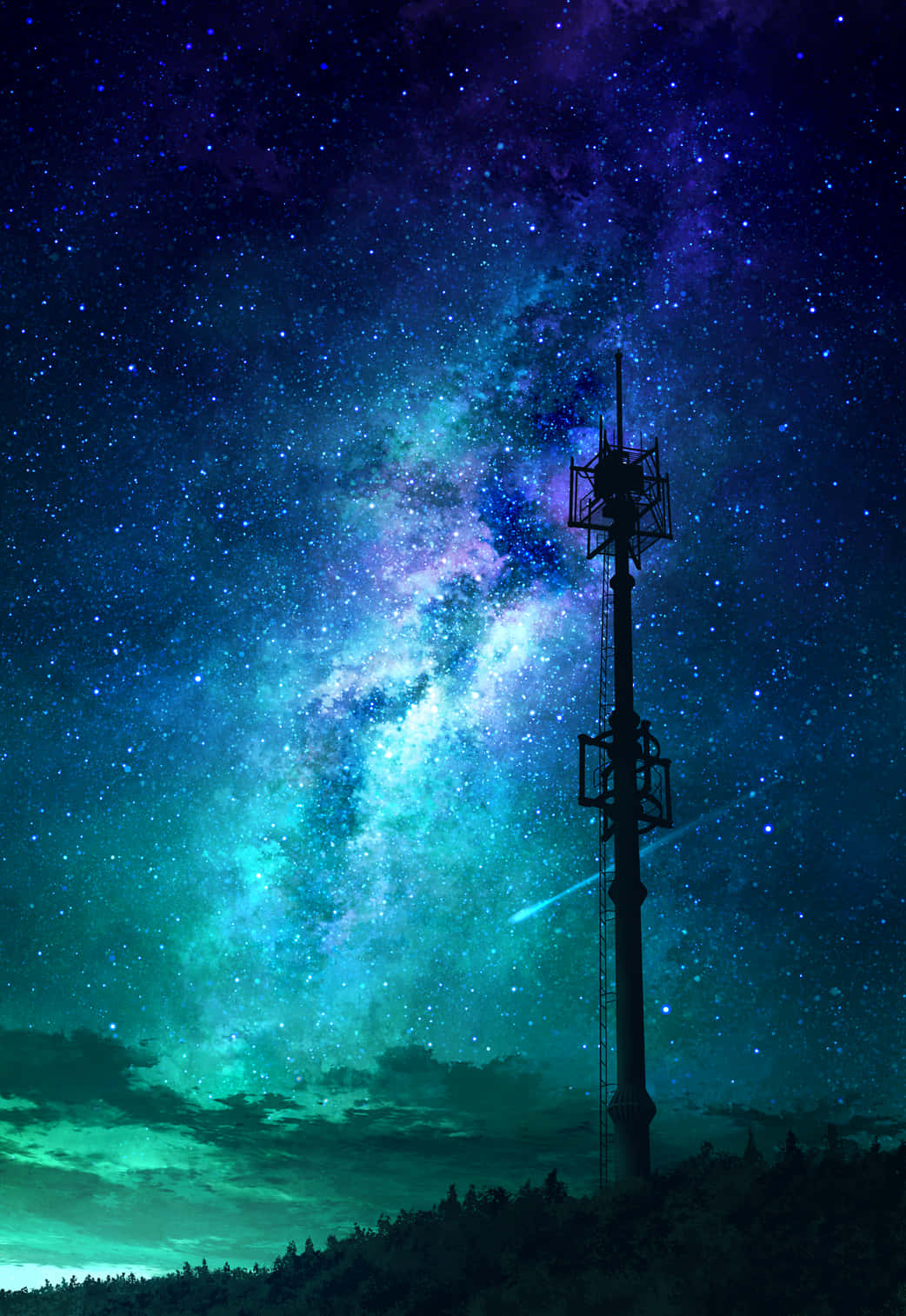 Stars 桌布 壁紙 — 一座高聳的無線電塔在充滿星星和發光星雲的充滿活力的宇宙天空下呈現剪影。