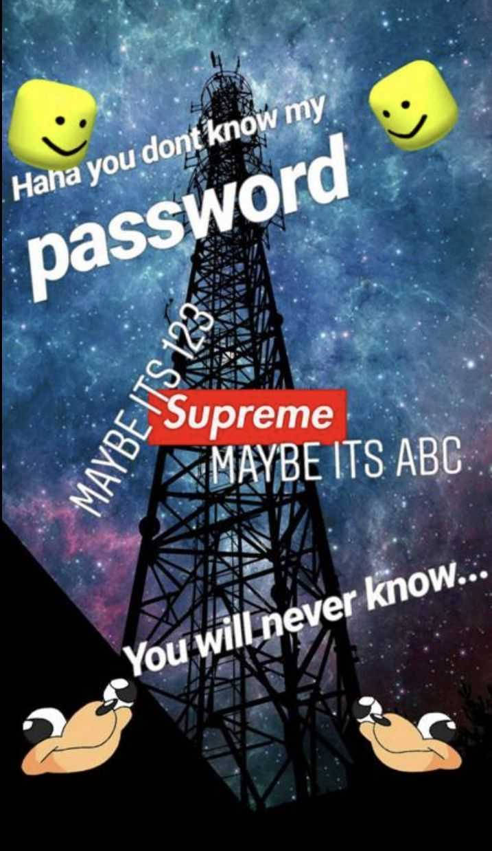 meme 桌布 壁紙 — 一座高聳的無線電塔矗立在星空宇宙背景下，漂浮的笑臉和文字戲弄著密碼秘密。