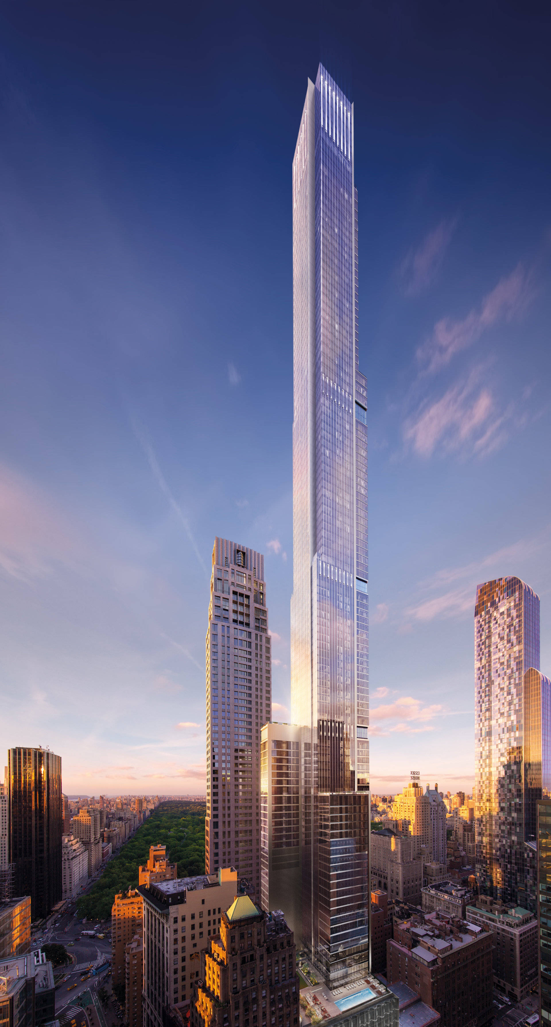tower 桌布 壁紙 — 一座高聳的玻璃摩天大樓在日落時分主導城市天際線，溫暖的金色光線在其外牆上反射，映襯著深藍色的天空。
