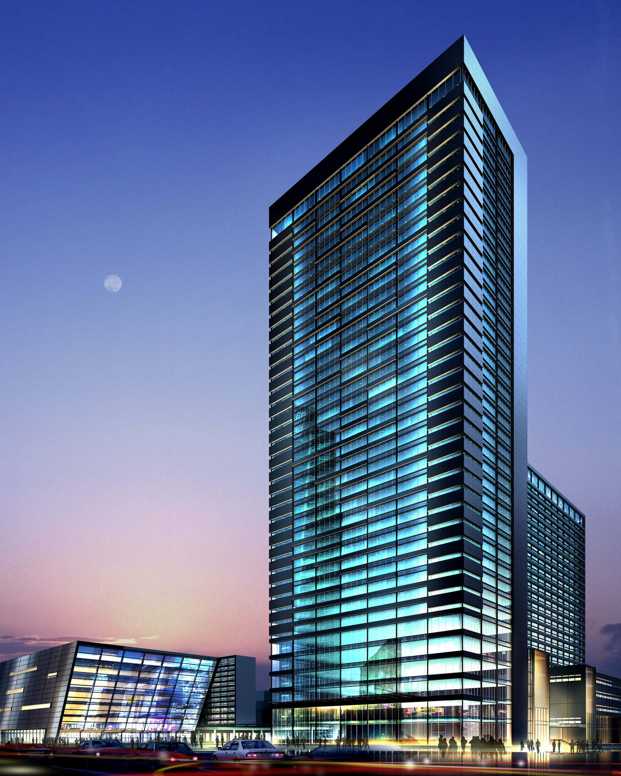 Building 桌布 壁紙 — 一座高聳的玻璃摩天大樓在暮色天空中閃爍著藍光，可見月亮和下方模糊的城市交通。
