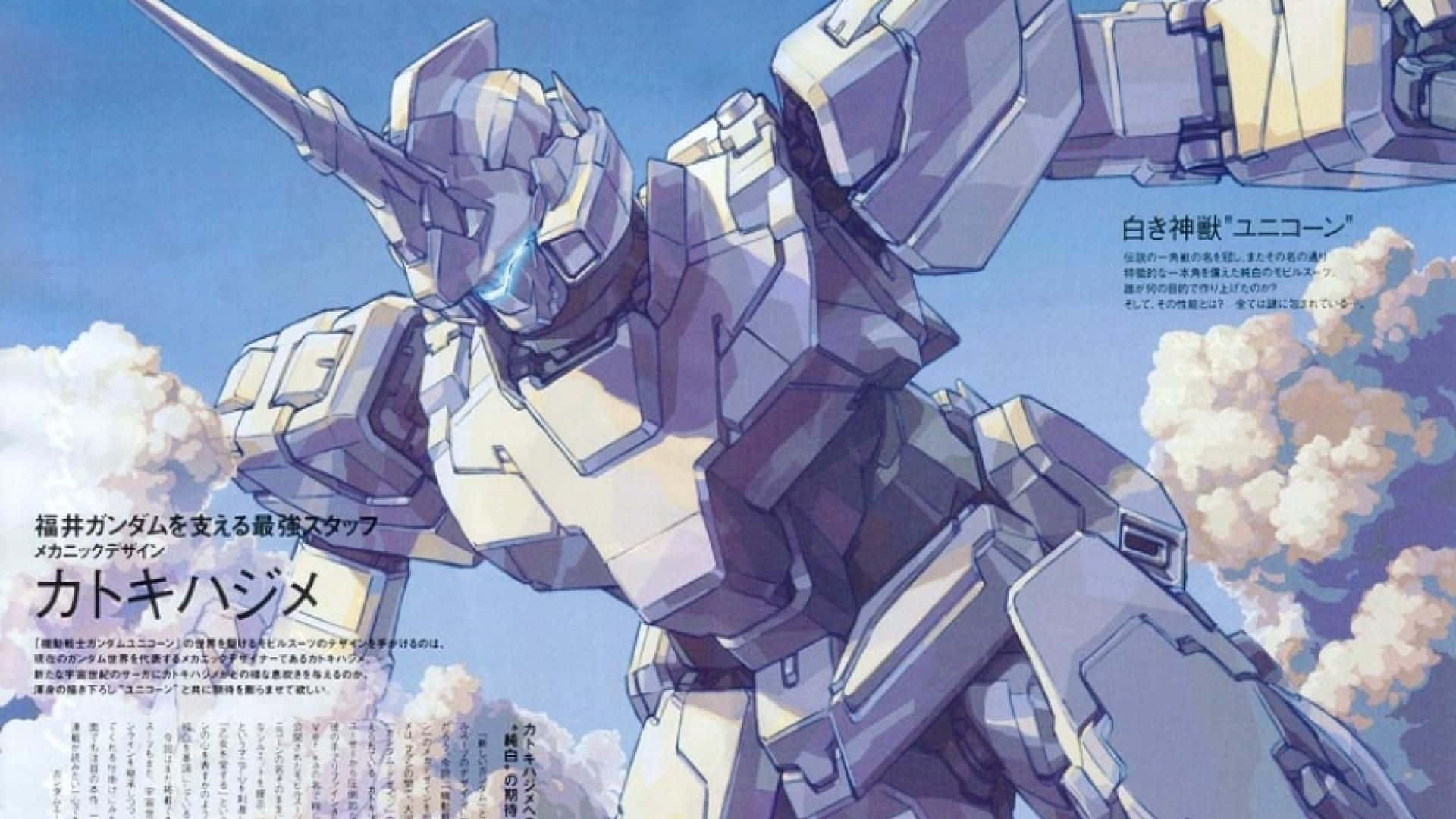 Gundam Unicorn 桌布 壁紙 — 一座高聳的白色和灰色獨角獸鋼彈機甲，矗立在藍天白雲之中。