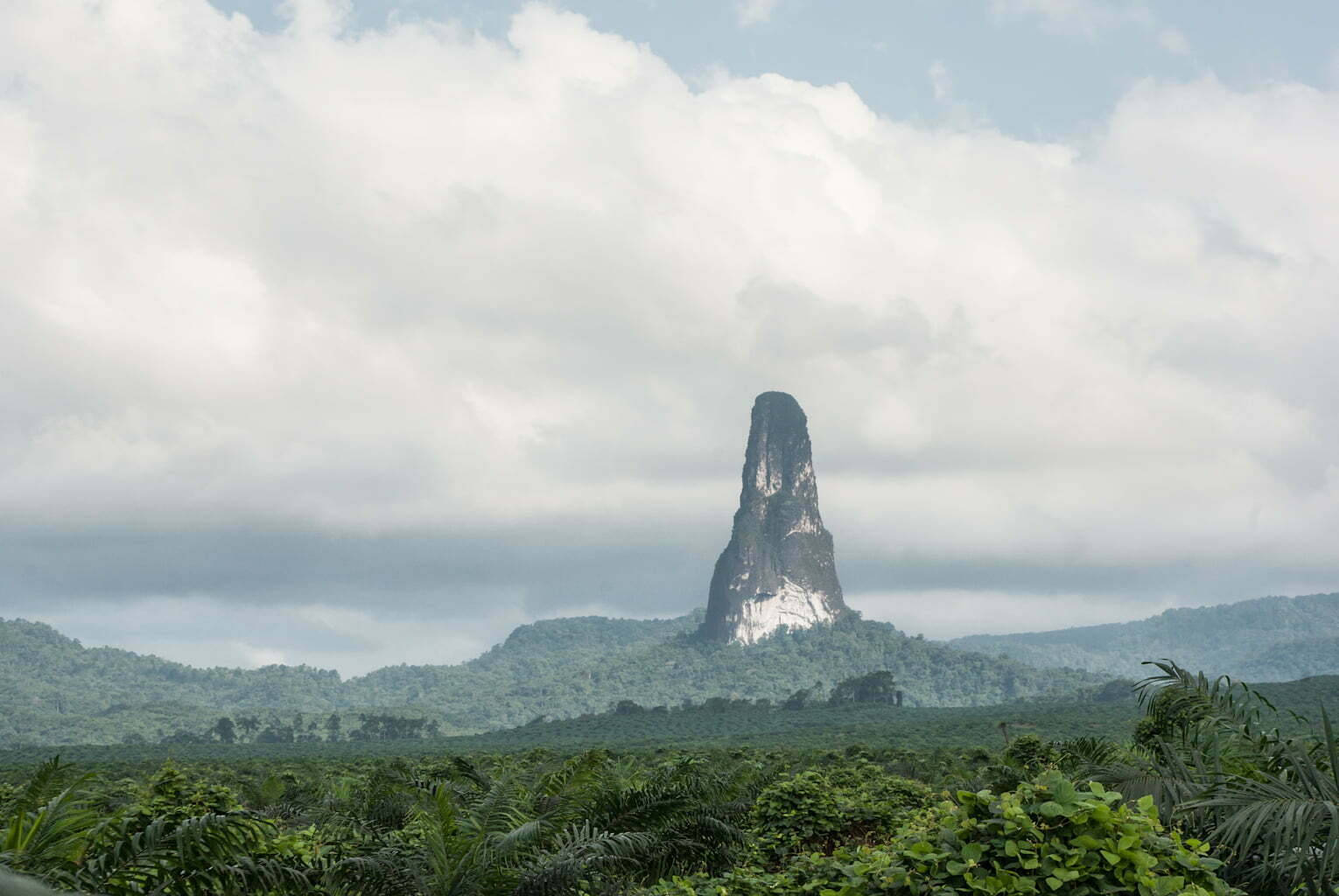 山景 桌布 壁紙 — 一座高聳的石灰岩喀斯特地貌在陰雲密布的天空下從茂密的綠色叢林中戲劇性地升起。