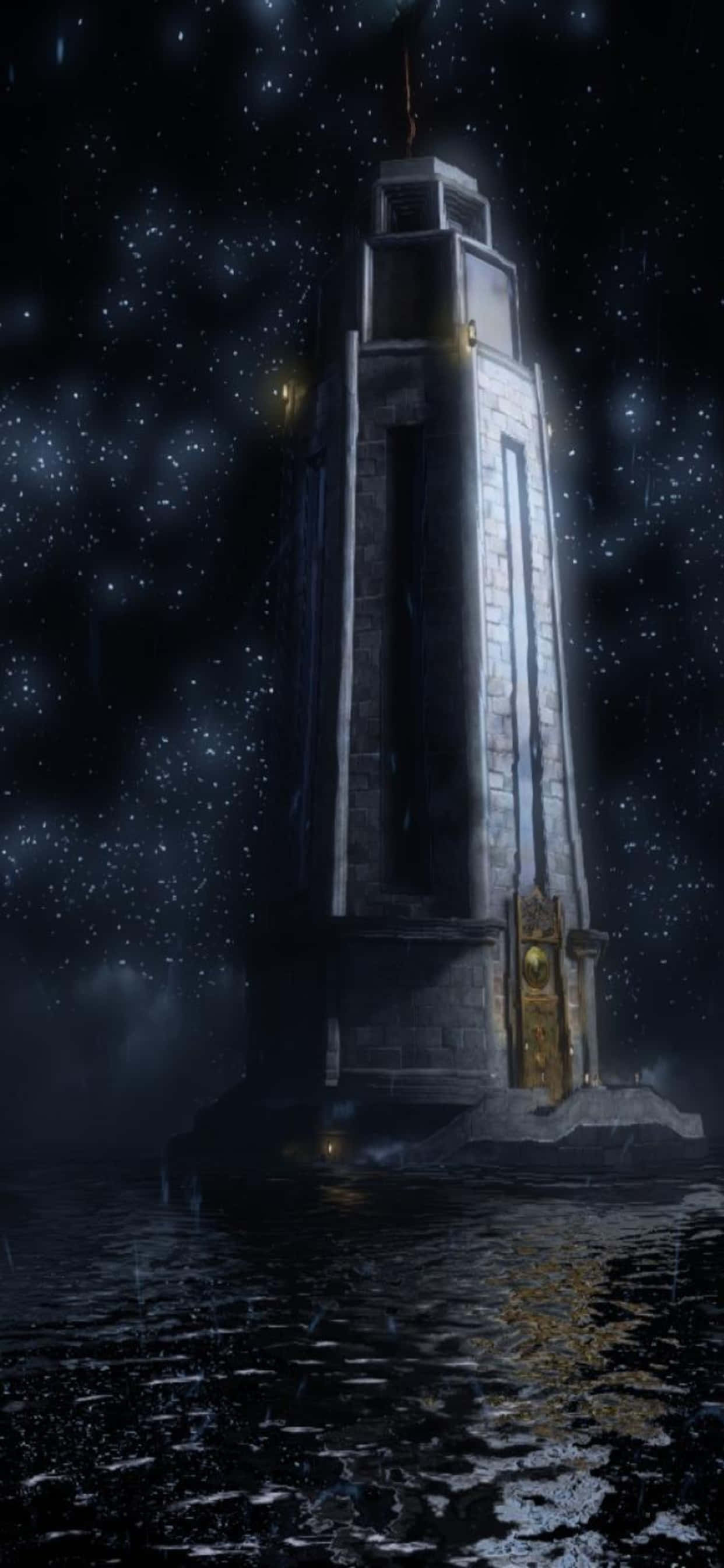 Lighthouse 桌布 壁紙 — 一座高聳的石燈塔獨自矗立在黑暗的水中，星空下閃耀著金色的光芒。
