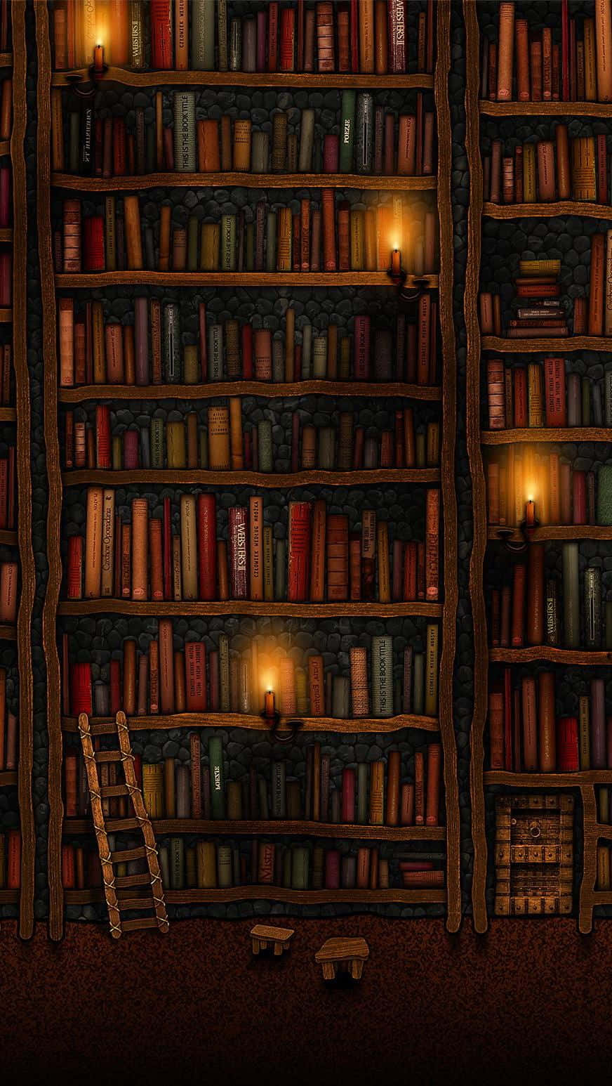 Books iPhone 桌布 壁紙 — 一座高聳的石造圖書館，藏滿古籍，溫暖燭光投下長長的影子。