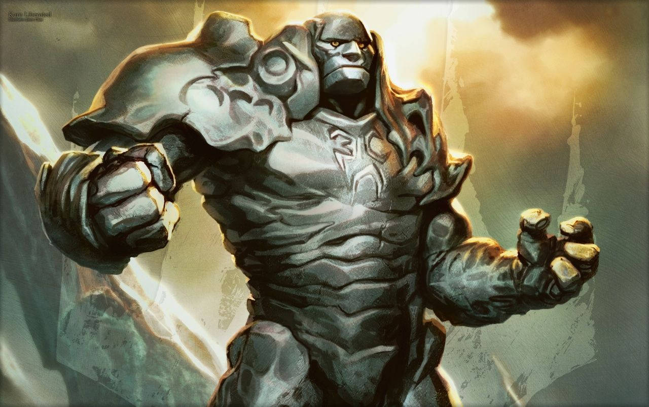 Mtg 桌布 壁紙 — 一座高聳的石魔像，眼睛發光，雕刻精細，在戲劇性的多雲天空下強有力地站立。