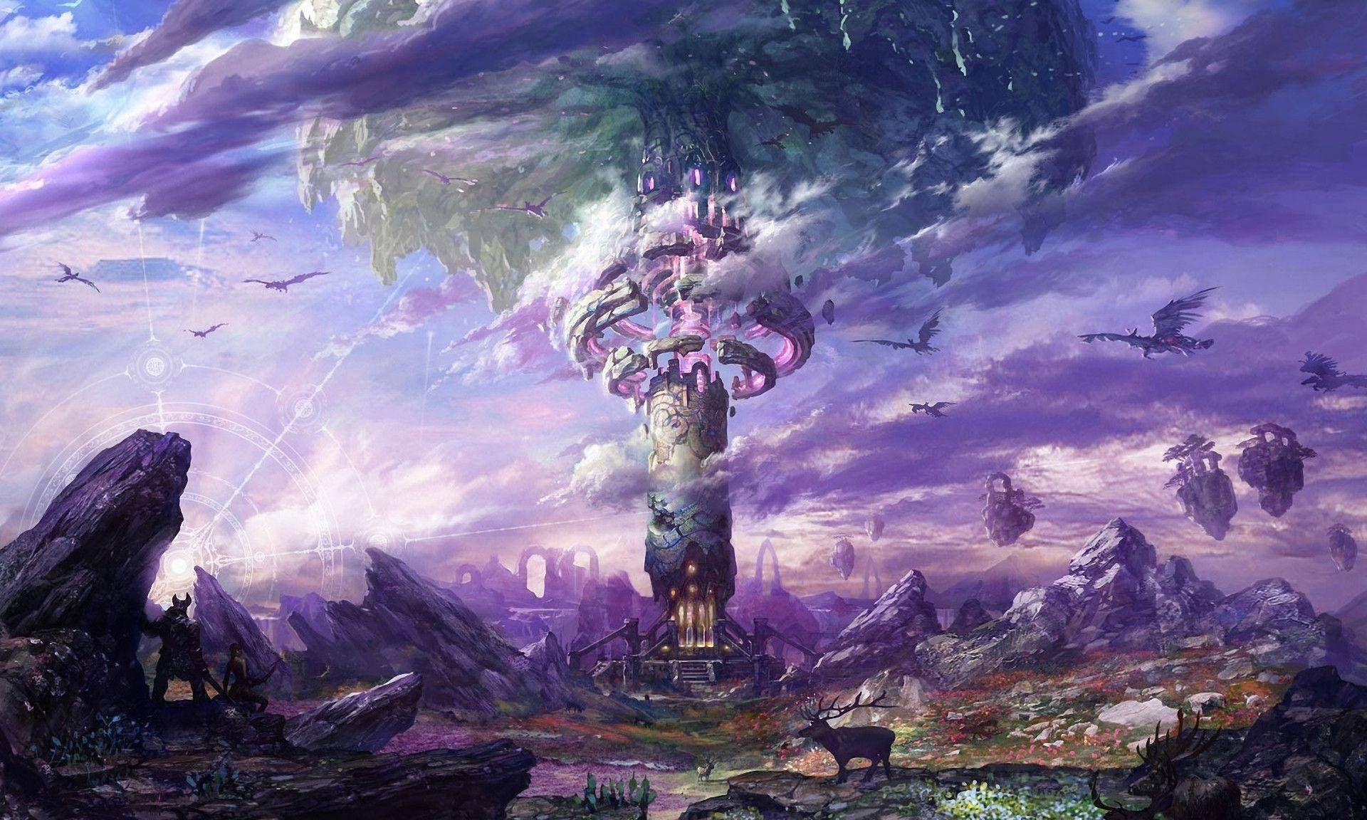 風景 桌布 壁紙 — 一座高聳的神秘建築從紫色外星景觀中升起，天空戲劇性，有浮島和飛行生物。
