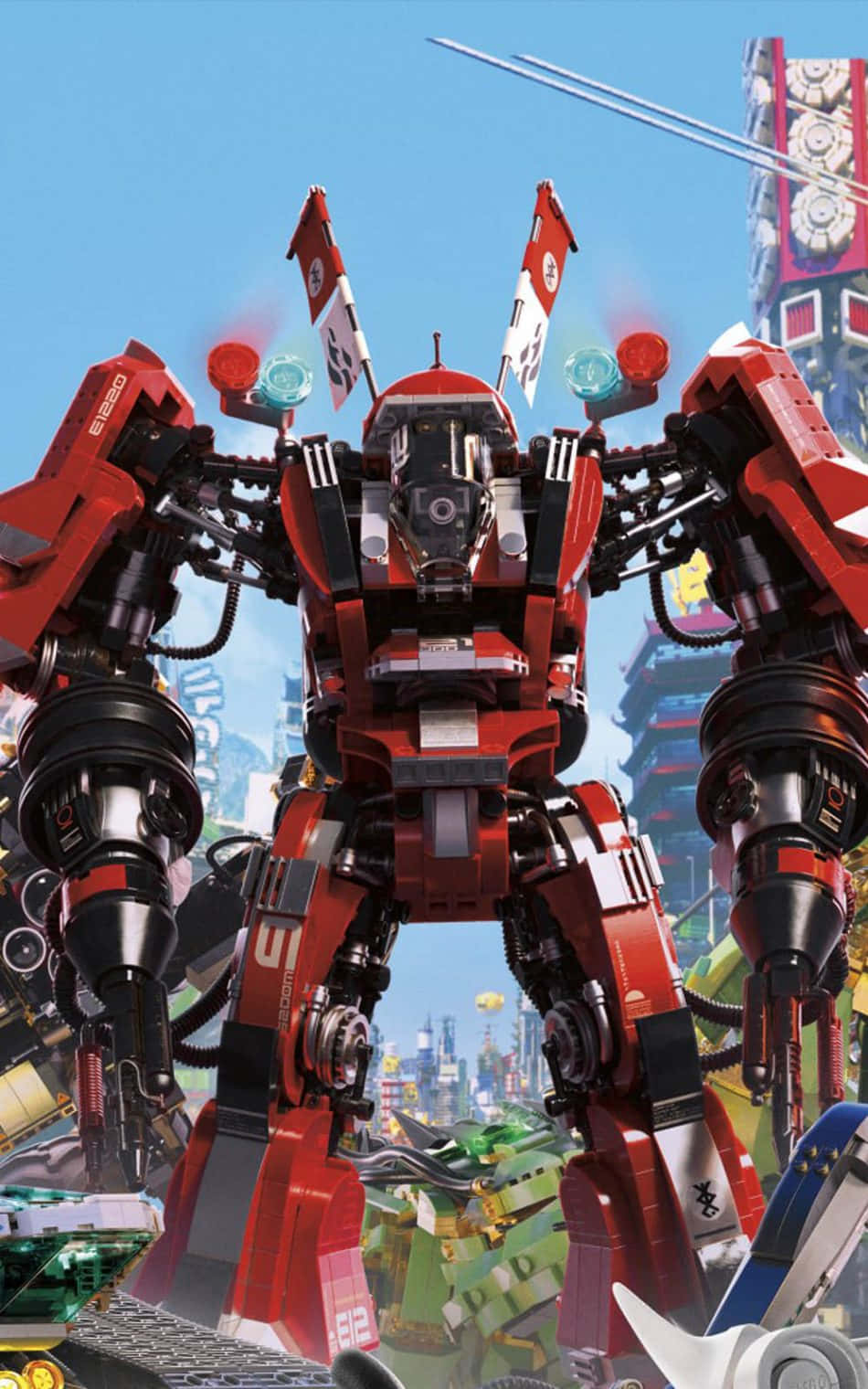 Animated 桌布 壁紙 — 一座高聳的紅色LEGO機甲在晴朗藍天下自豪地矗立於充滿活力的未來城市景觀中。