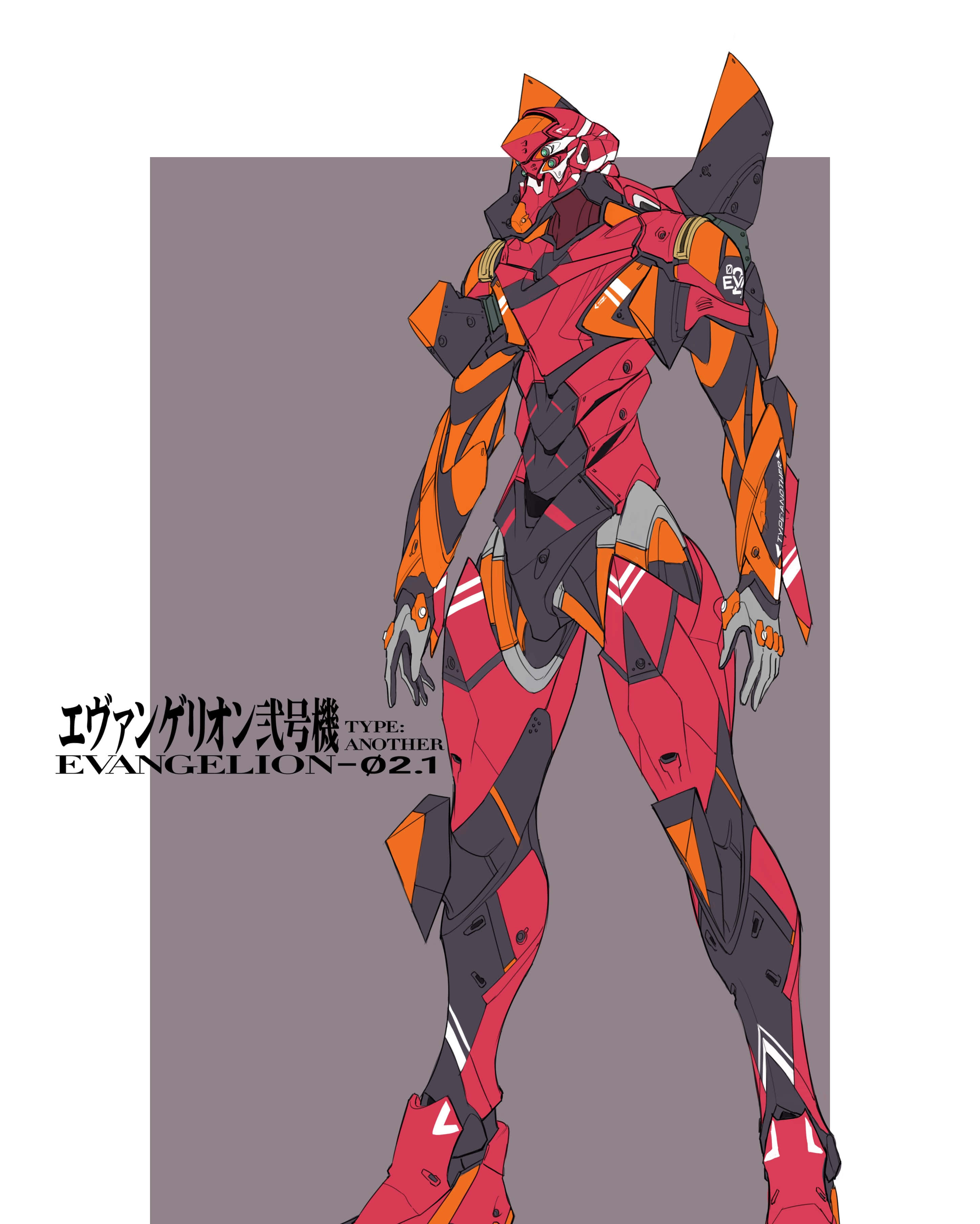 Eva-02 桌布 壁紙 — 一座高聳的紅色和橙色 Evangelion 機體以動態姿勢站立在帶有日文和英文文字的柔和灰色背景前。