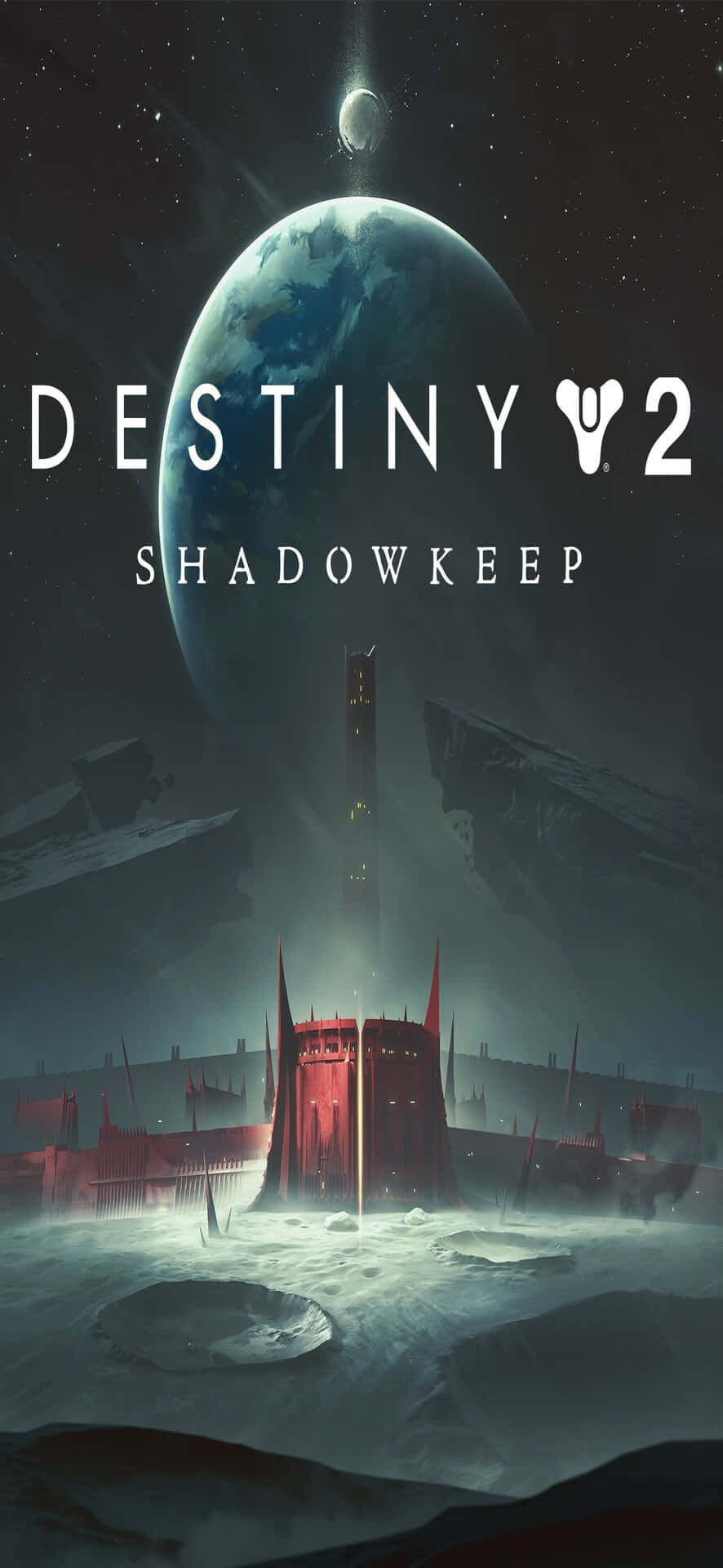 Destiny 2 Phone 桌布 壁紙 — 一座高聳的紅色堡壘矗立在白雪覆蓋的外星行星上，上方是巨大的藍綠色月亮和星空。