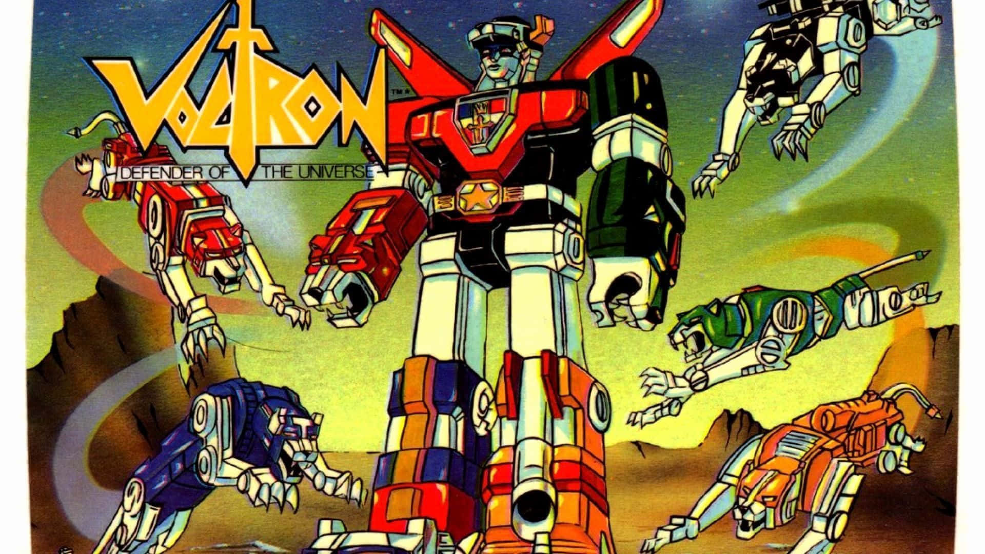 機器人 桌布 壁紙 — 一座高聳的紅黑相間的Voltron機器人英勇地站立著，五隻獅子機甲在宇宙背景下圍繞著他匯聚。