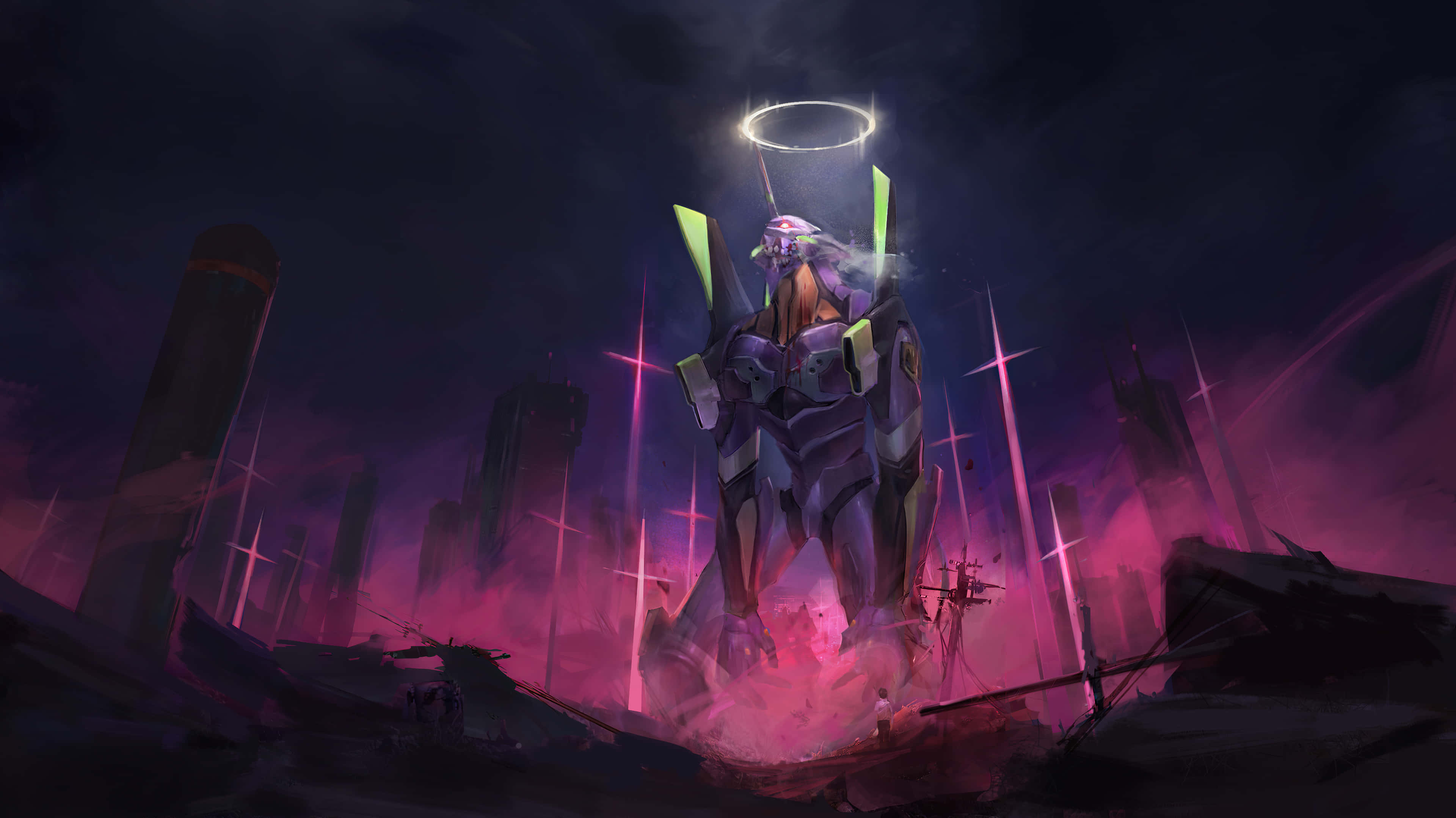 evangelion 4K 桌布 壁紙 — 一座高聳的紫色 Evangelion 機體矗立在廢墟城市景觀中，天空陰暗，散發著粉紅色能量，頭頂有光環。