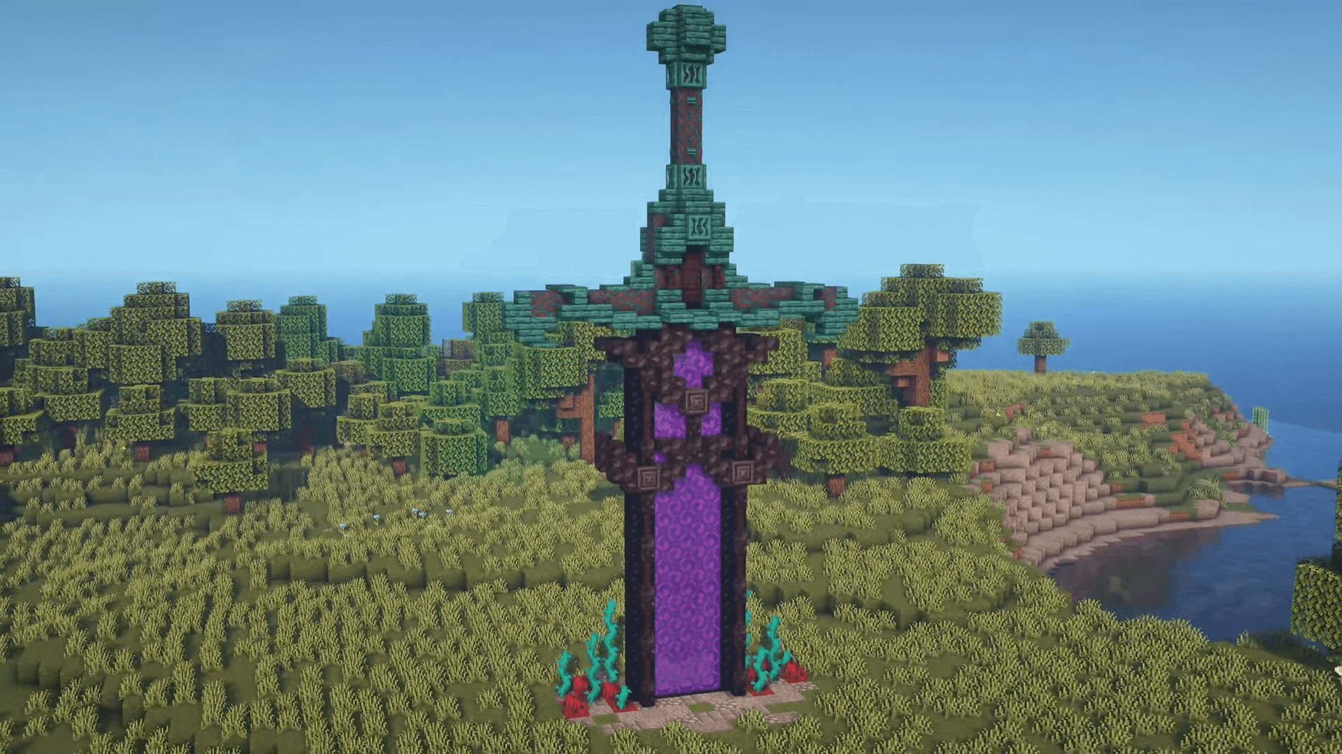 Minecraft地獄傳送門位於海洋懸崖附近的叢林生物群系。