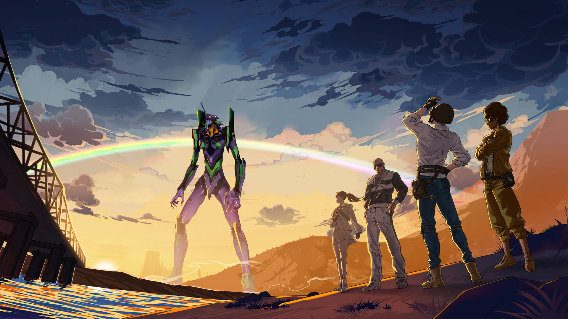 絕地求生 桌布 壁紙 — 一座高聳的綠色和紫色 Evangelion 機體矗立在夕陽上拱起的彩虹前，四個人類敬畏地仰望。