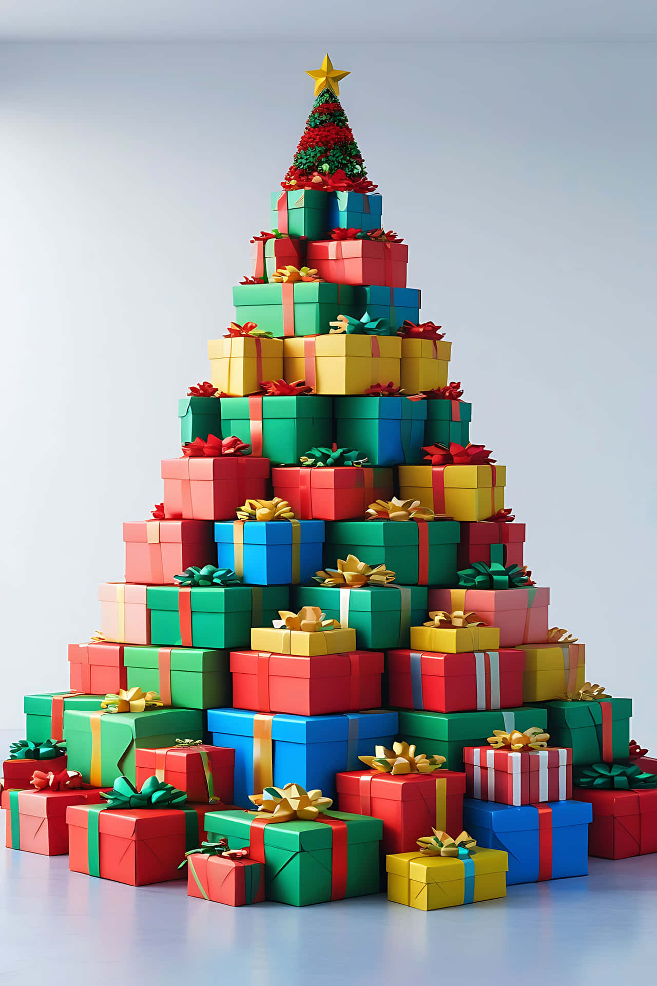 Colorful gift box pyramid with christmas tree top 壁紙 — 一座高聳的聖誕樹，由色彩繽紛的禮物盒精心堆疊而成，頂端綴有一顆金色星星。