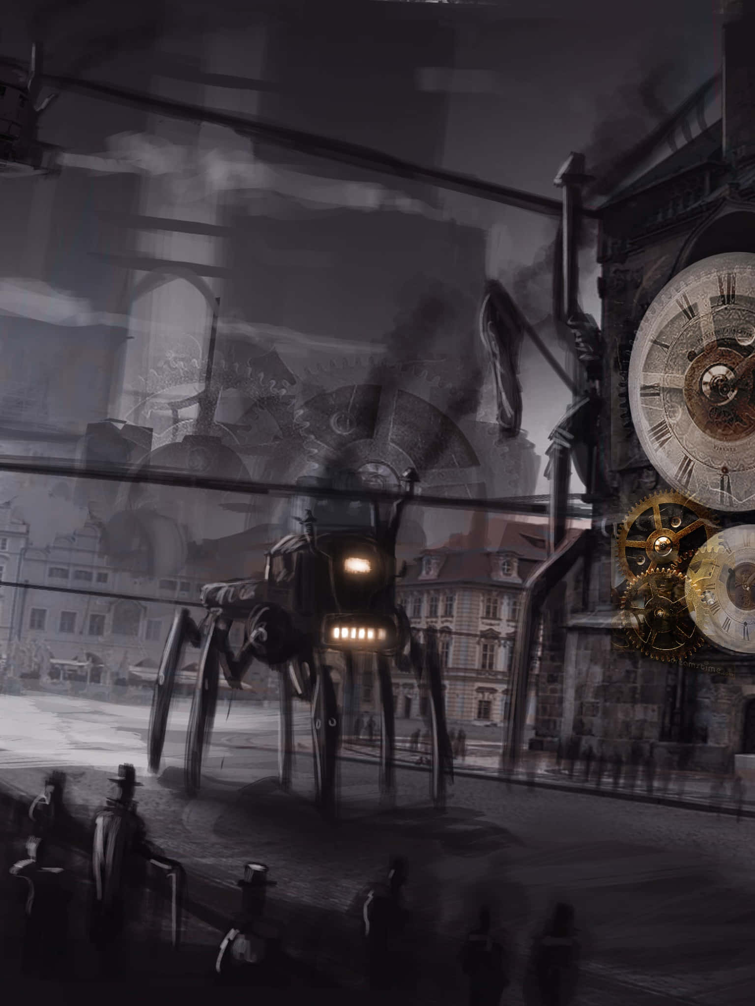 Dark Steampunk 桌布 壁紙 — 一座高聳的蒸氣龐克機甲，雙眼發光，籠罩在霧氣瀰漫的城市街道上，戴著高帽的人們從下方仰望。