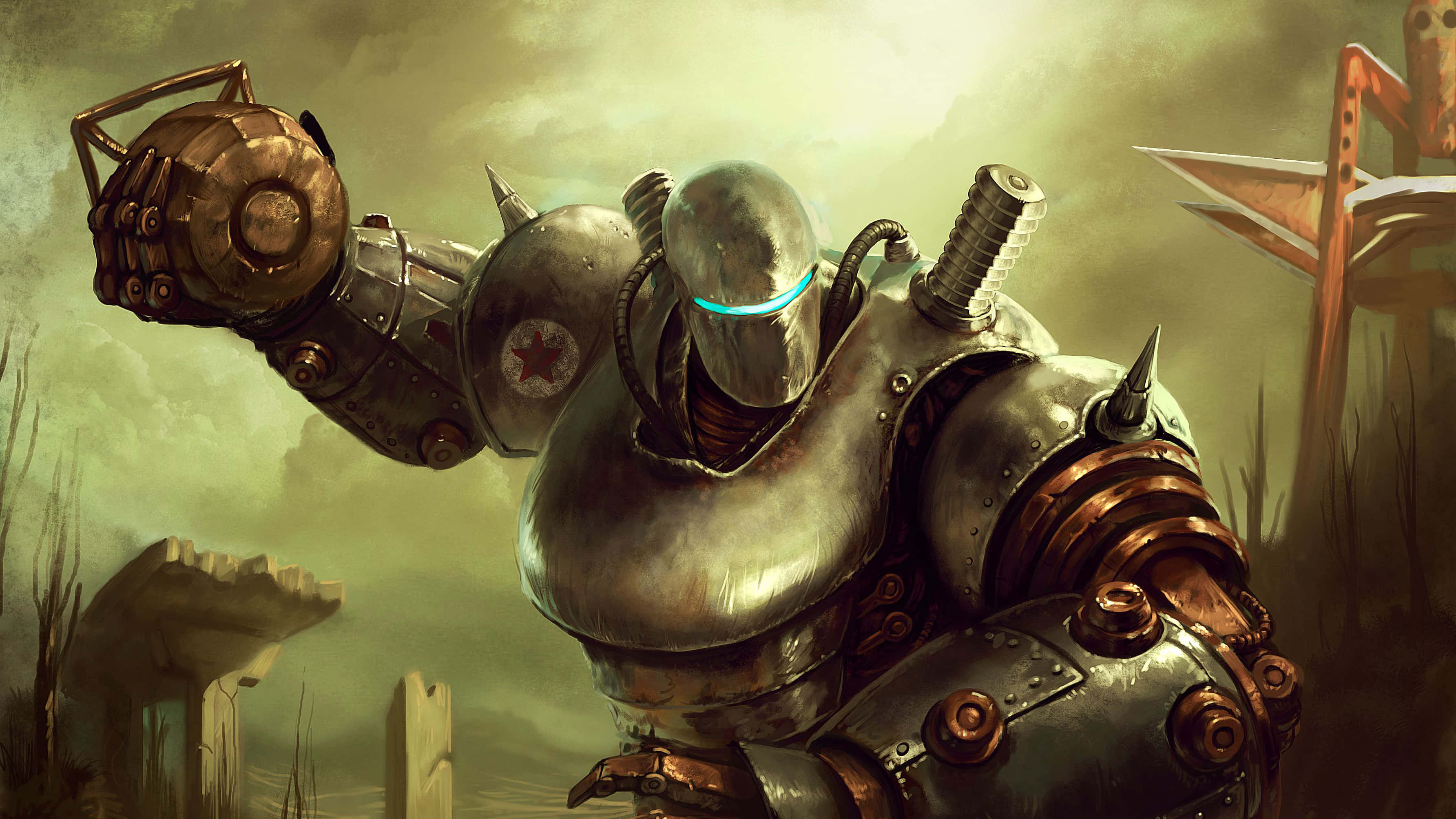 Liberty Prime 桌布 壁紙 — 一座高聳的裝甲機器人，擁有發光的藍色眼睛，在朦朧的天空下，挑釁地站在荒涼、雜草叢生的廢土上。