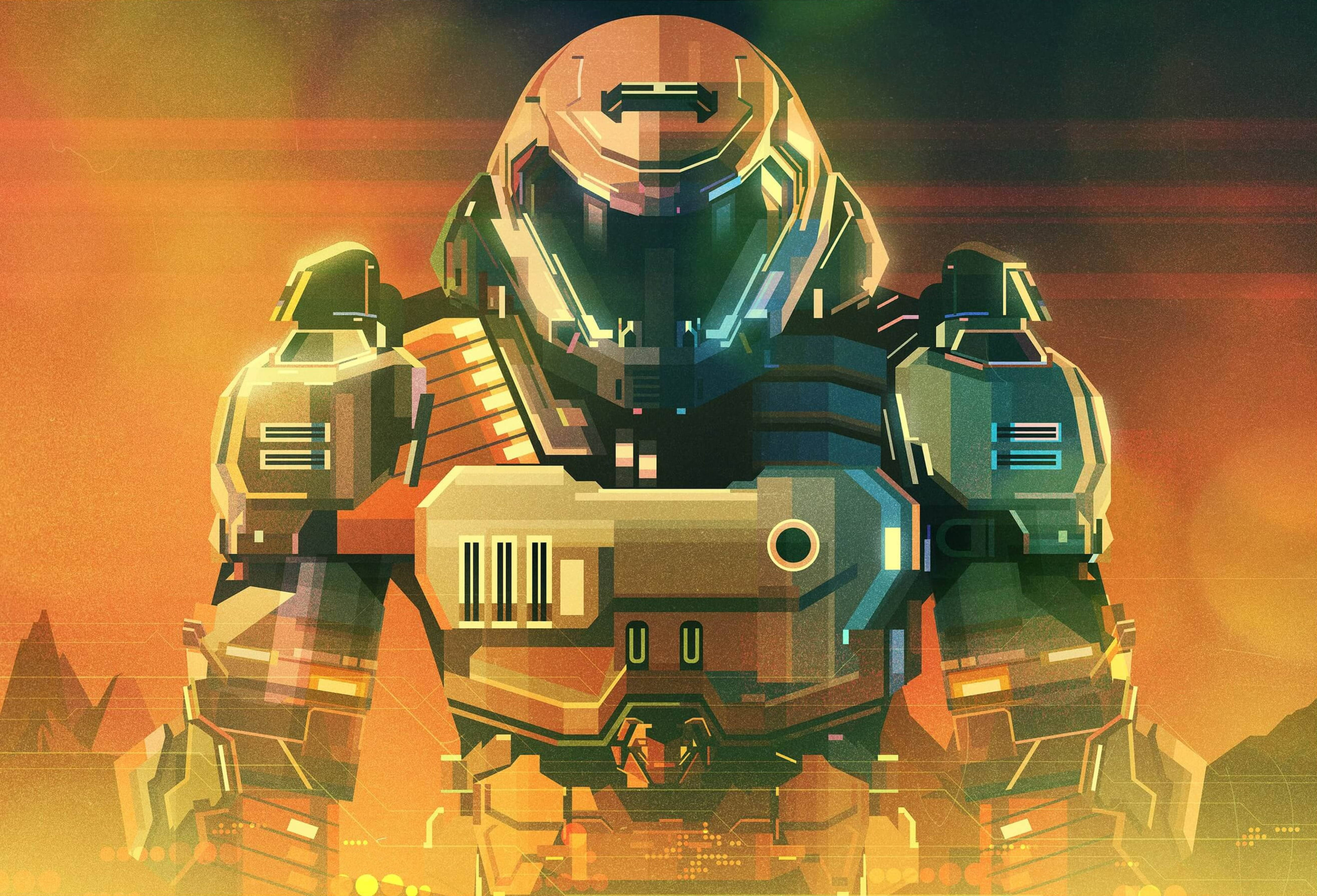 Doomguy 桌布 壁紙 — 一座高聳的裝甲機甲矗立在發光的橙色和藍綠色日落天空前，背景是鋸齒狀的山脈。