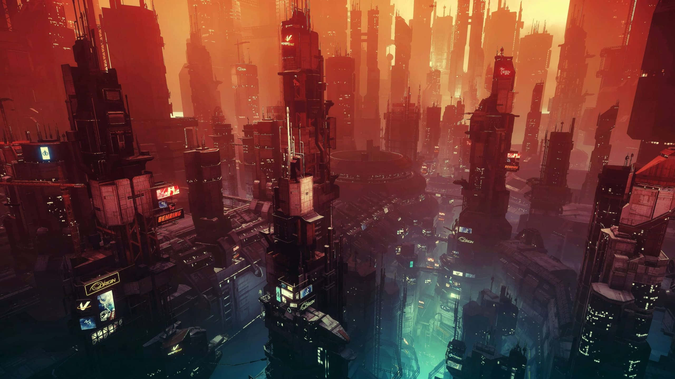 Cyberpunk Laptop 桌布 壁紙 — 一座高聳的賽博龐克城市景觀，沐浴在霓虹燈和街燈發出的熾熱橙色和青色光芒中。