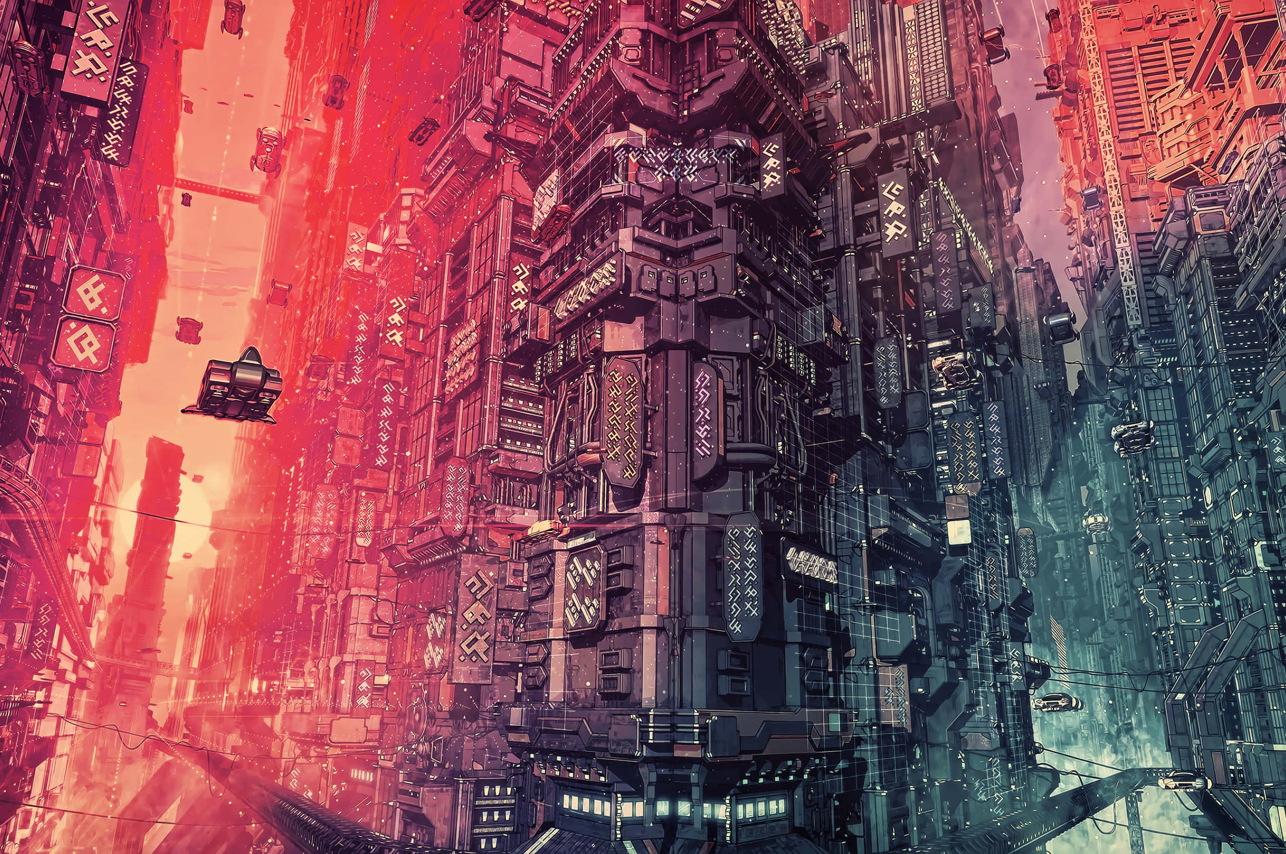 City Pixel Art 桌布 壁紙 — 一座高聳的賽博龐克城市景觀，霓虹燈閃爍的摩天大樓和飛行車輛在紅色和藍綠色的天空下。
