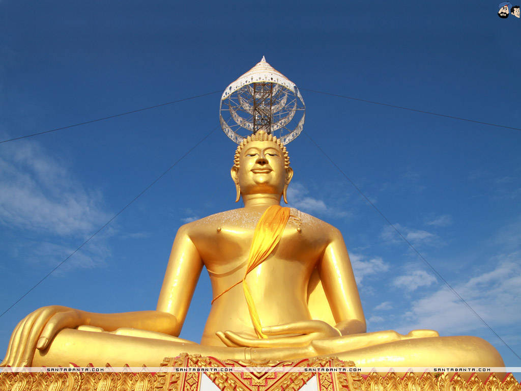 god laptop 桌布 壁紙 — 一座高聳的金色佛像在清澈的藍天下靜靜地坐著，頭頂上有一把白色的傘。