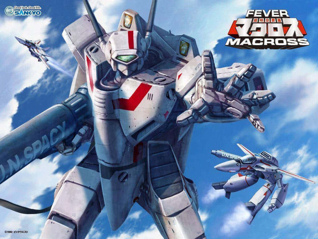 robotech 桌布 壁紙 — 一座高聳的銀色機甲帶有紅色標記，主宰著明亮的藍天，兩架戰鬥機在其兩側動態飛行。