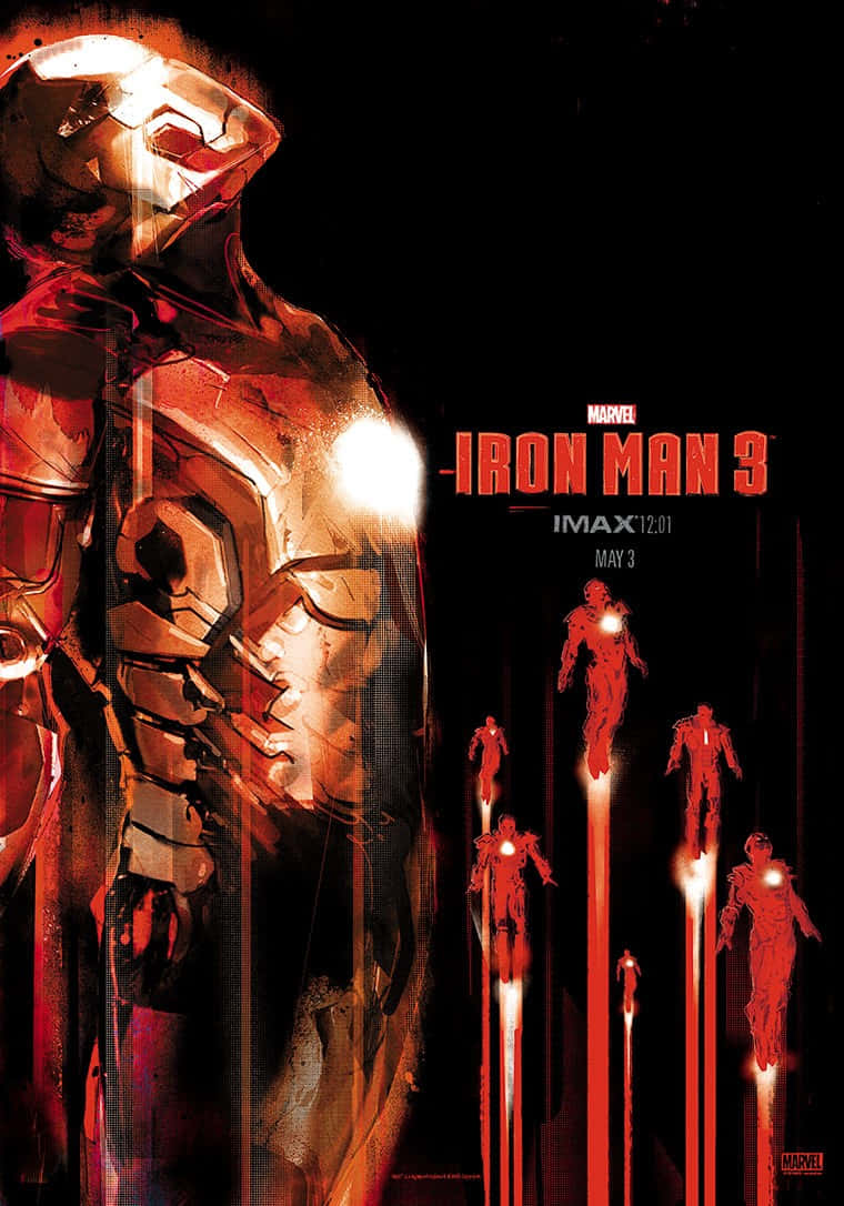 Iron Man Movies 桌布 壁紙 — 一座高聳的鋼鐵人戰甲在黑色背景下發出紅光，較小的戰甲沿著光跡上升，形成電影感海報。