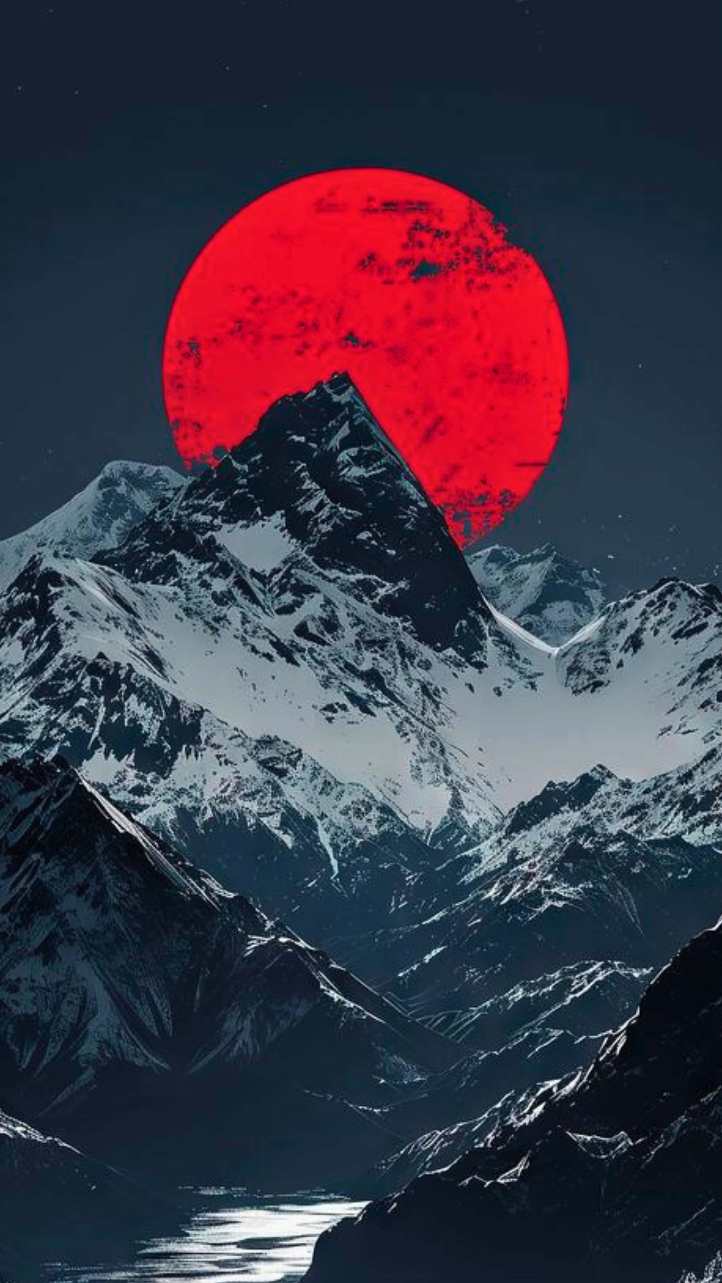 動漫 桌布 壁紙 — 一座高聳的雪山山峰在巨大的紅色月亮下升起，背景是繁星點點的夜空。