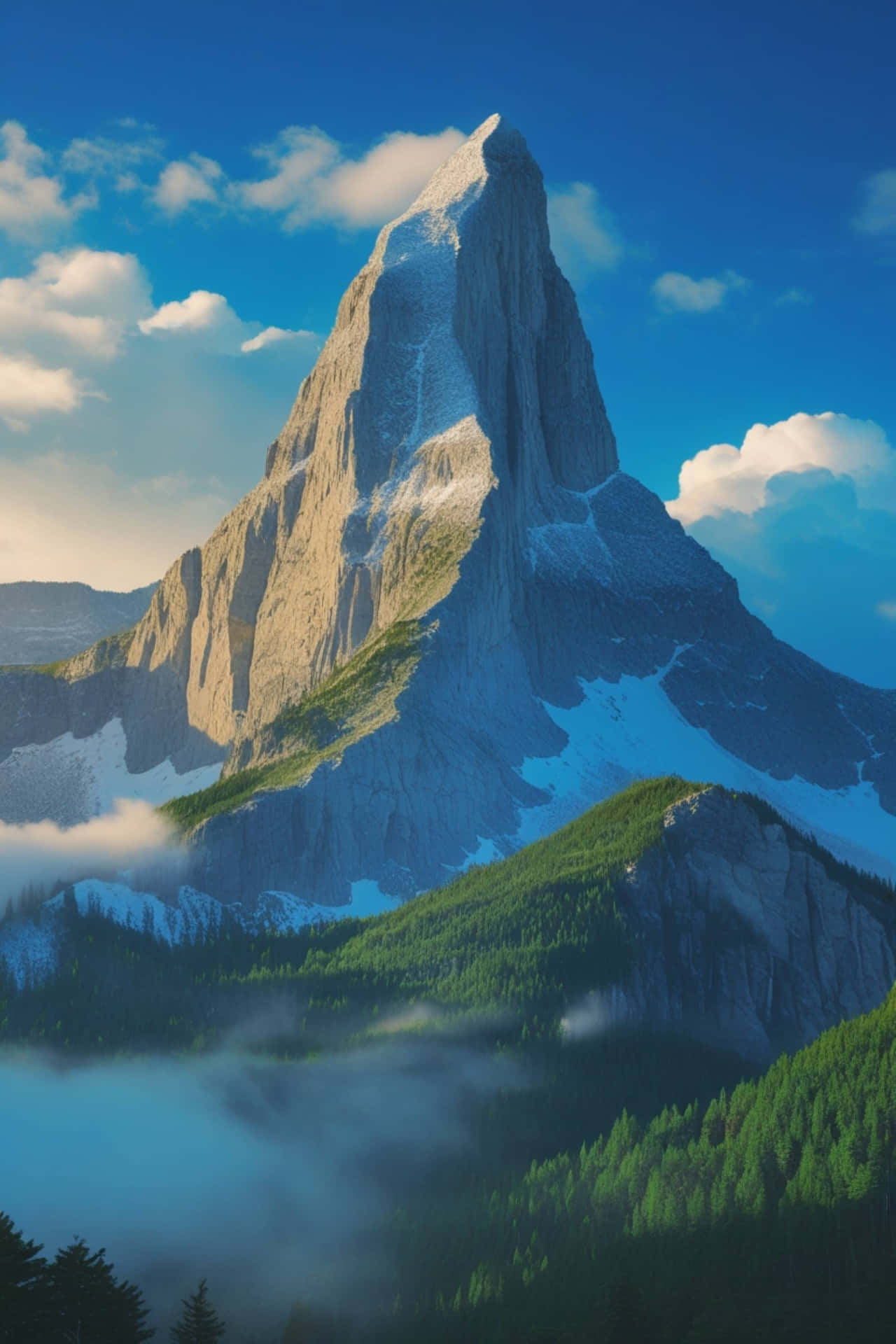 在藍天白雲下，一座雄偉的雪山峰頂，下方有綠色森林和薄霧 — 4K 壁紙