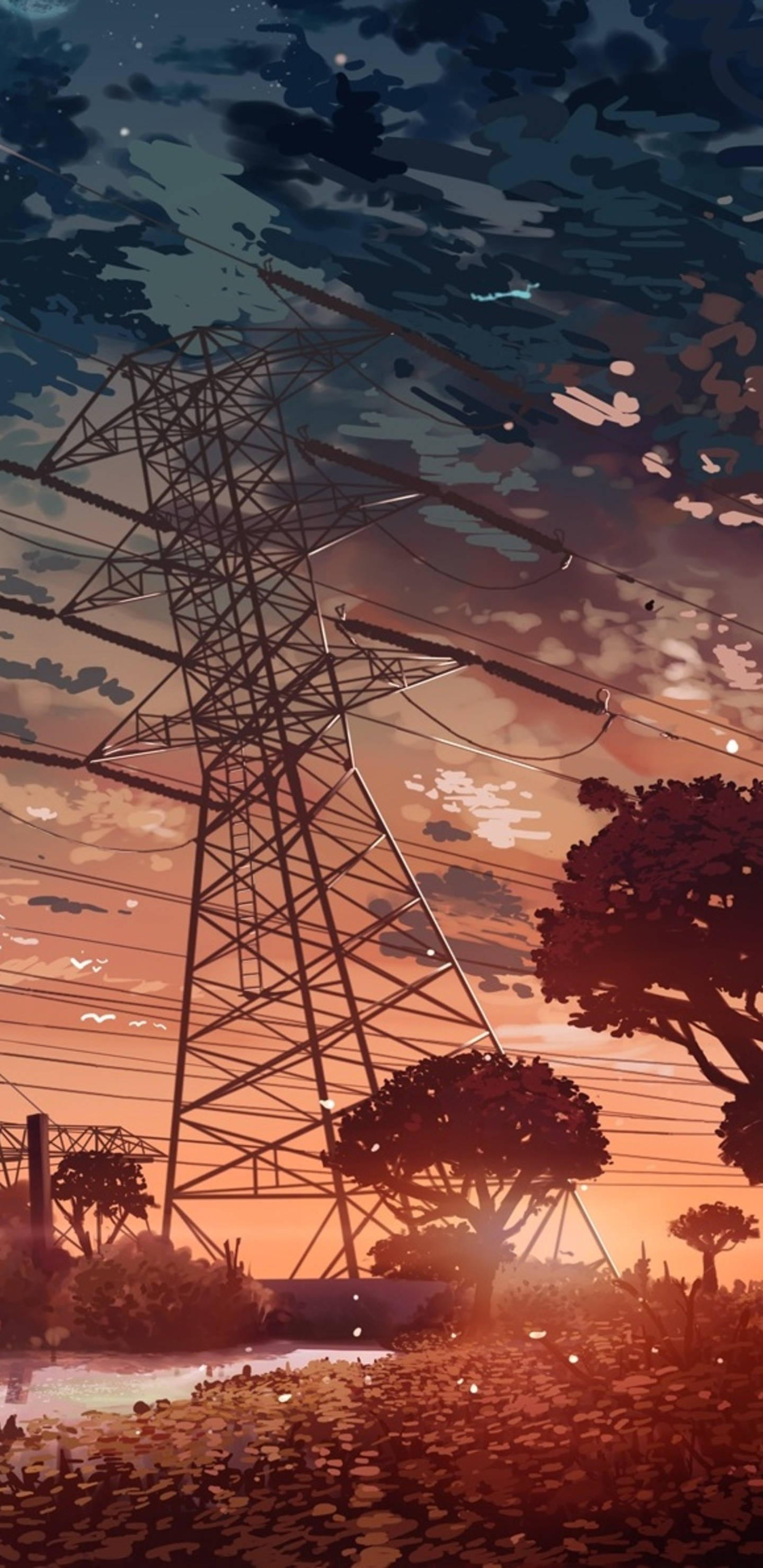Anime Scenery 4K 桌布 壁紙 — 一座高聳的電塔在色彩鮮豔的日落天空襯托下呈現剪影，天空中有散落的雲朵，發光的鳥兒在樹木附近飛翔。