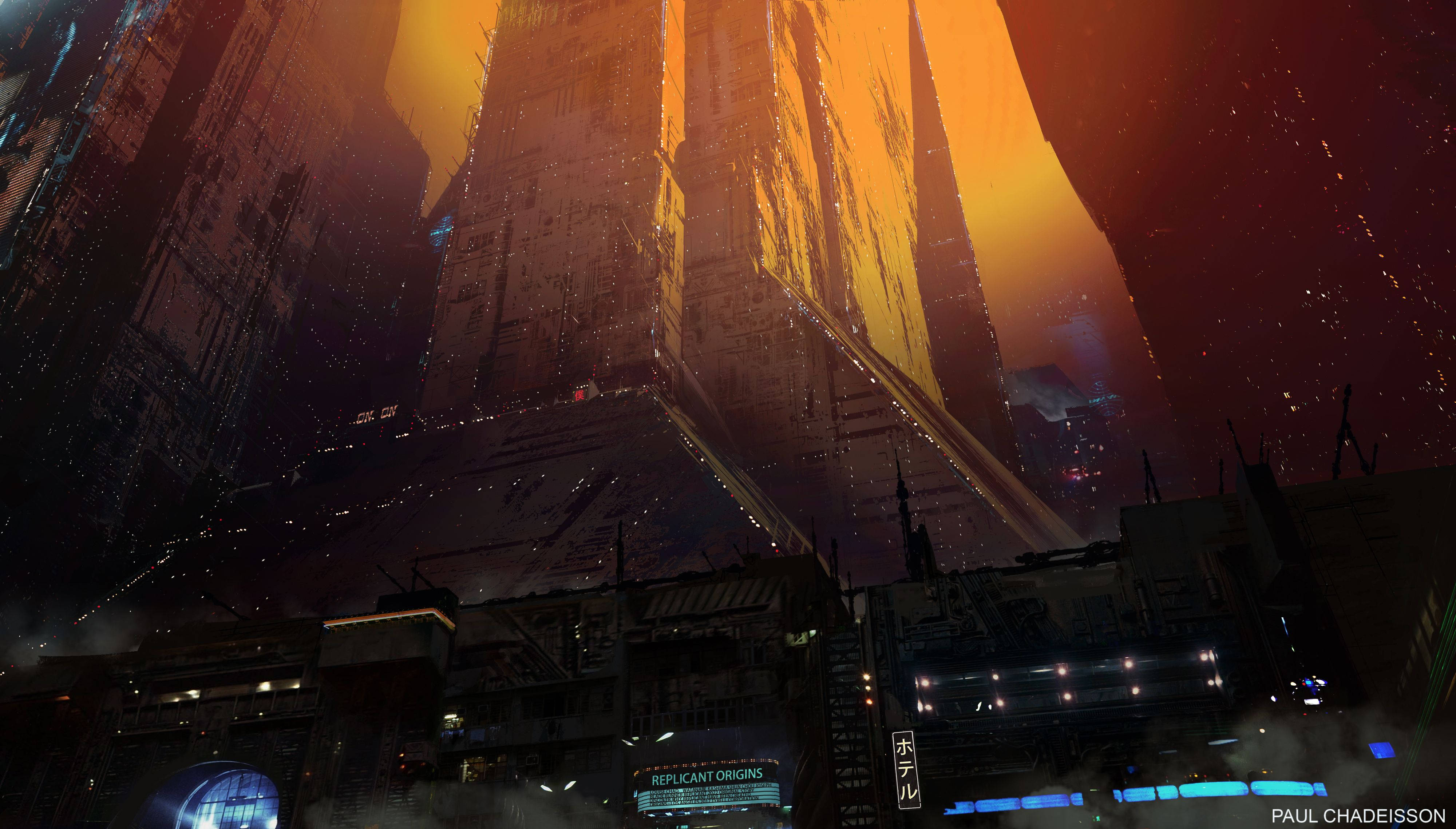 blade 桌布 壁紙 — 一座高聳的霓虹燈光 cyberpunk 摩天大樓在夜間主宰著雨濕的城市峽谷，閃爍的標誌和霧氣瀰漫的氛圍。