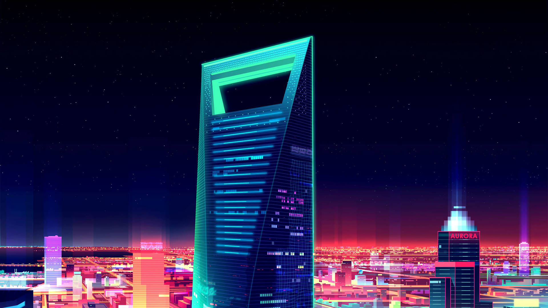 未來主義的城市天際線夜景，在星空下閃爍著霓虹燈摩天大樓。 — 4K 极简壁紙 壁紙