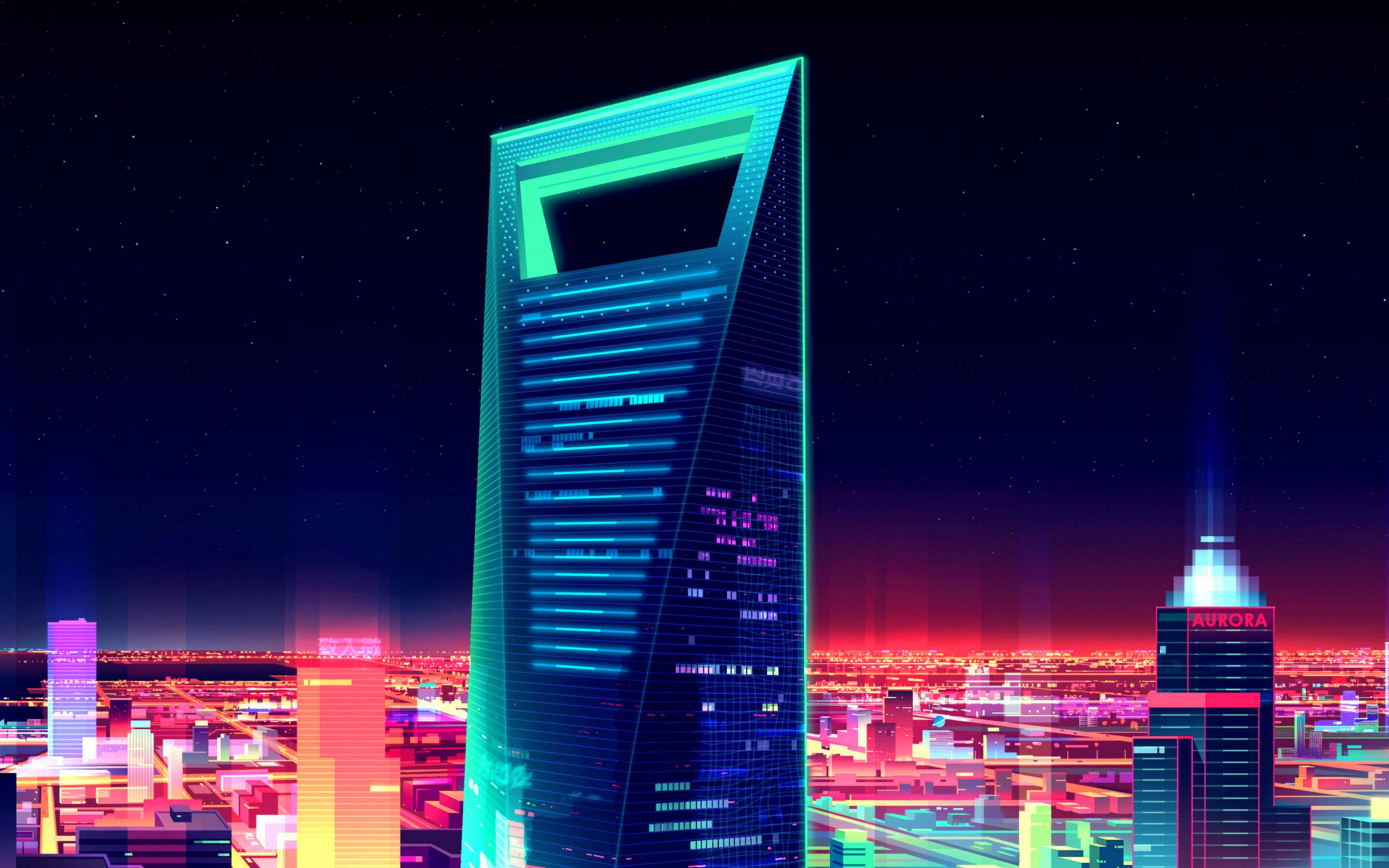 Shanghai 桌布 壁紙 — 一座高聳的霓虹燈摩天大樓在繁星點點的夜空下，於充滿活力的未來城市景觀之上，散發著電光藍和綠色的光芒。