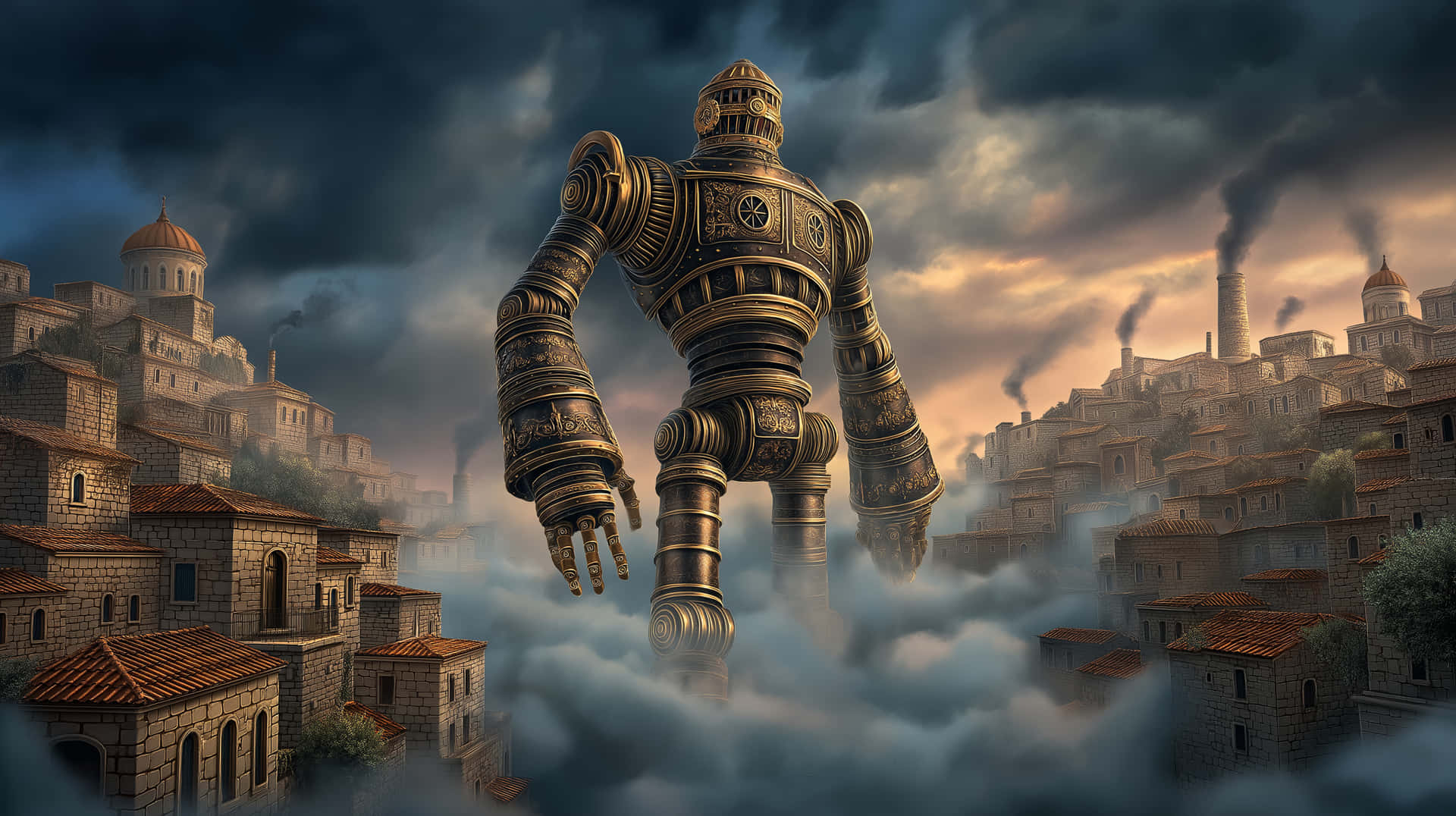 Gigantic Steampunk Robot Towers Over Old City 壁紙 — 一座高聳的黃銅機器人從迷霧中出現，下方是石頭城市，有圓頂建築和冒煙的煙囪，天空風暴密佈。
