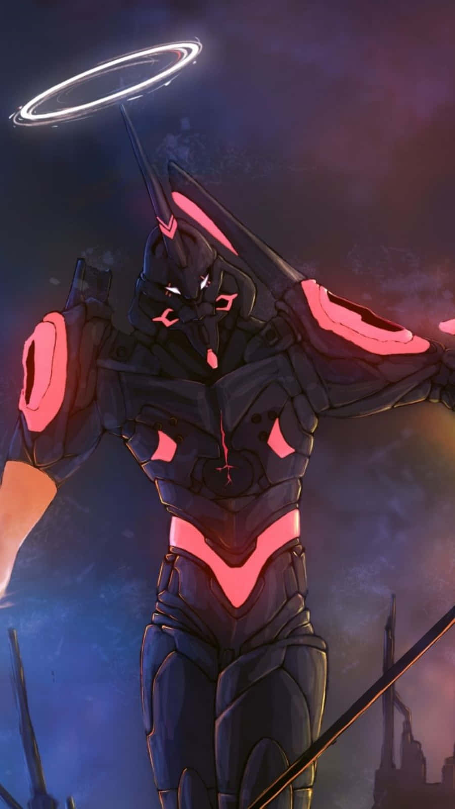 動漫 桌布 壁紙 — 一座高聳的黑粉紅色 Evangelion 機體，在深紫色天空中帶有發光光環。