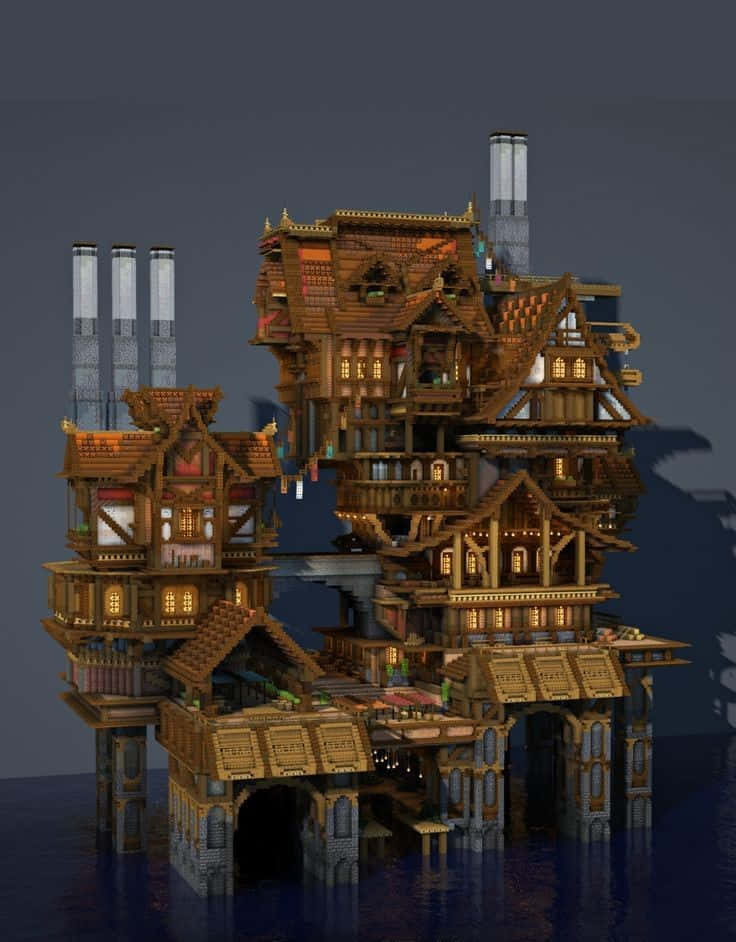 Minecraft Architecture 桌布 壁紙 — 一座高聳精緻的木造豪宅，窗戶發光，漂浮在暮色天空下的黑暗水面上。