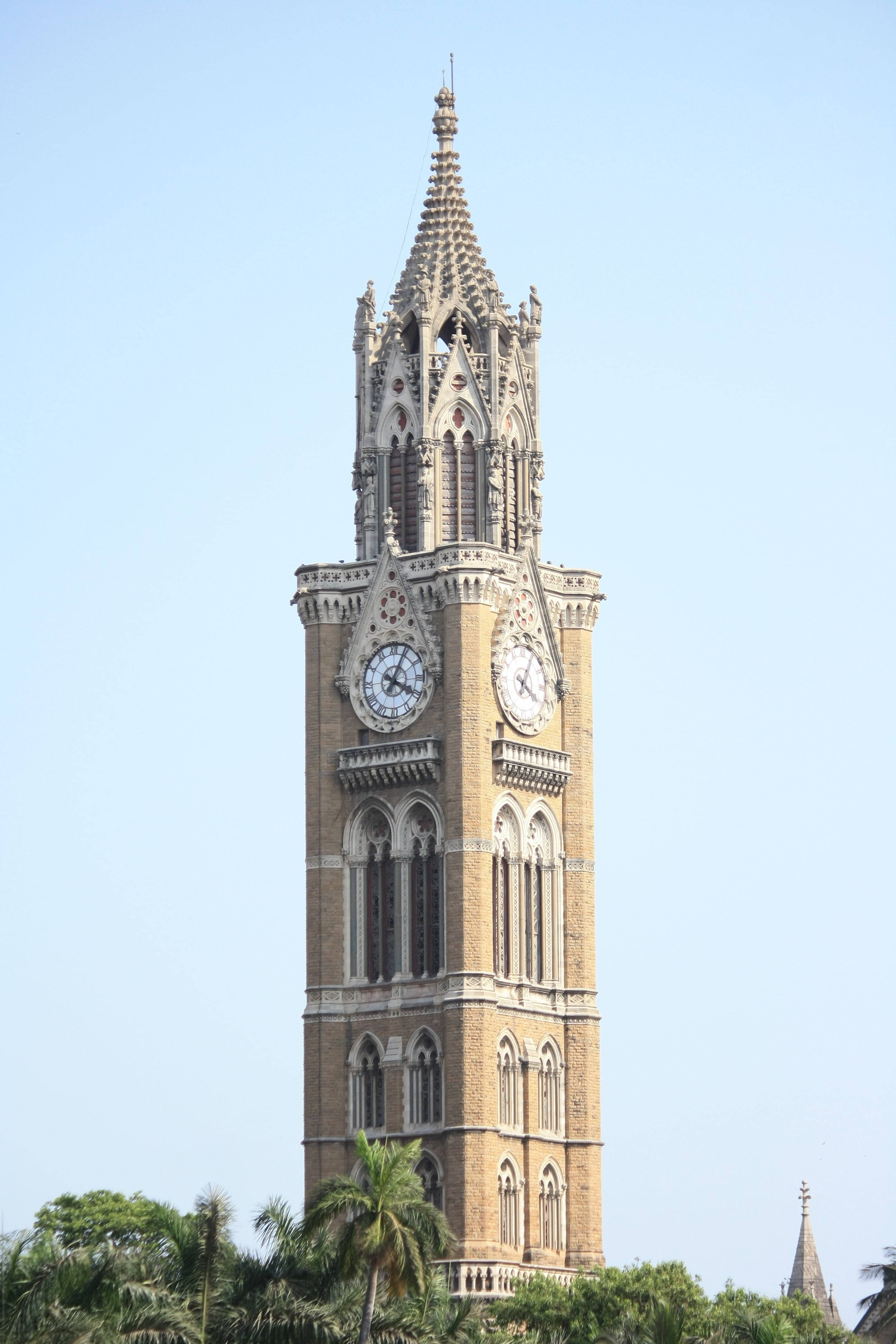 Mumbai 桌布 壁紙 — 一座高聳華麗的哥德式鐘樓，建築細節繁複，在清澈的藍天下矗立，底部有棕櫚樹。