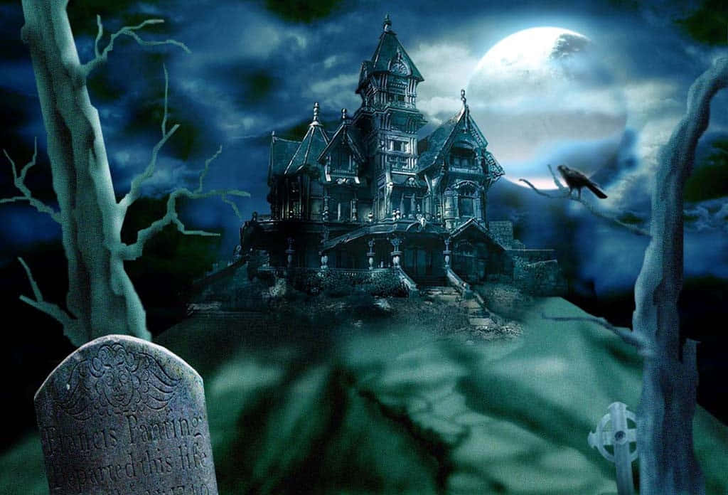 haunted 桌布 壁紙 — 一座鬧鬼的哥德式大宅在滿月下聳立，周圍是光禿禿的樹木和霧氣瀰漫的墓地上的墓碑。
