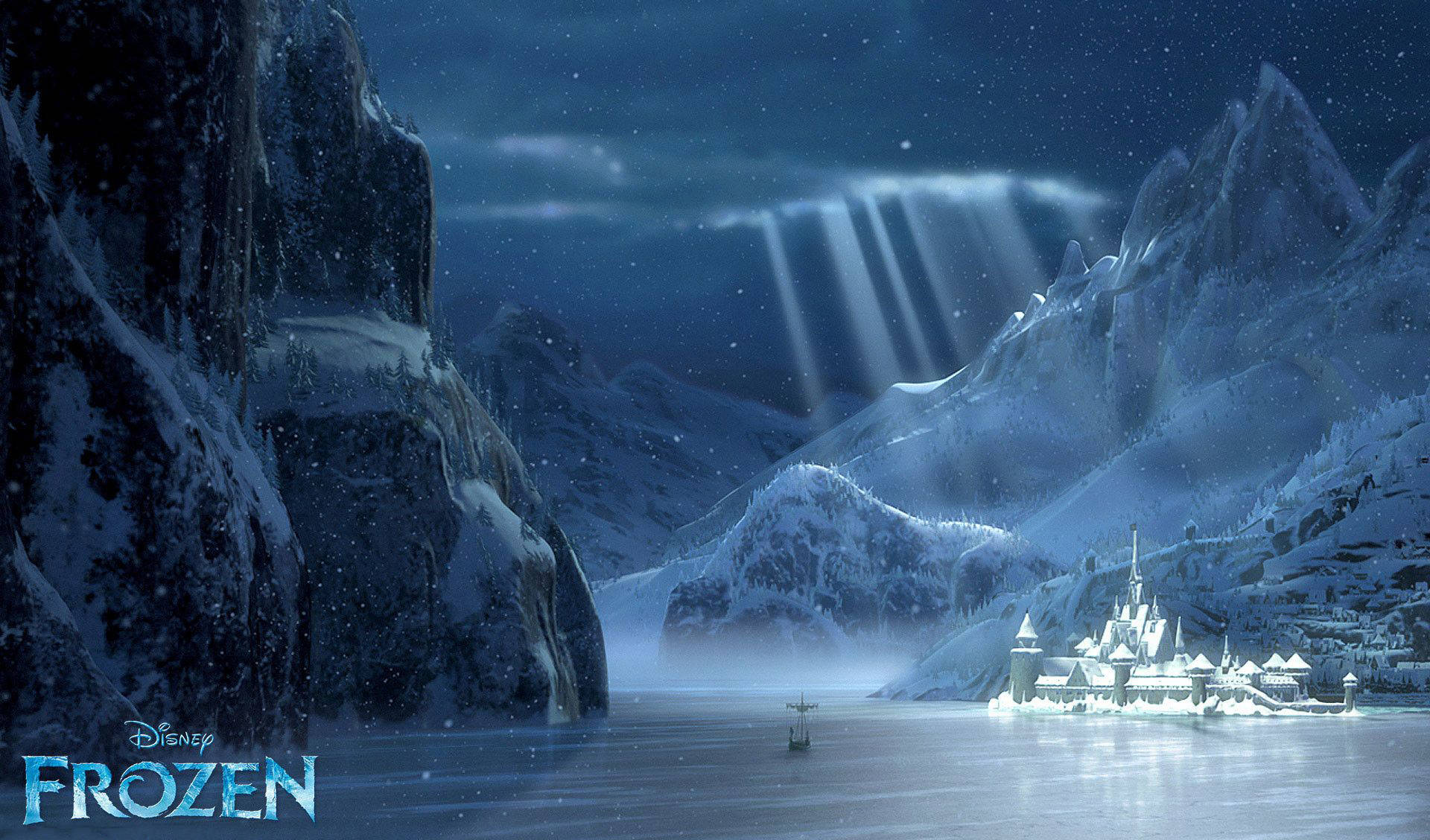 Frozen Castle 桌布 壁紙 — 一座魔法冰封城堡坐落在積雪的山間湖上，星空夜幕下，神聖光束穿透雲層。