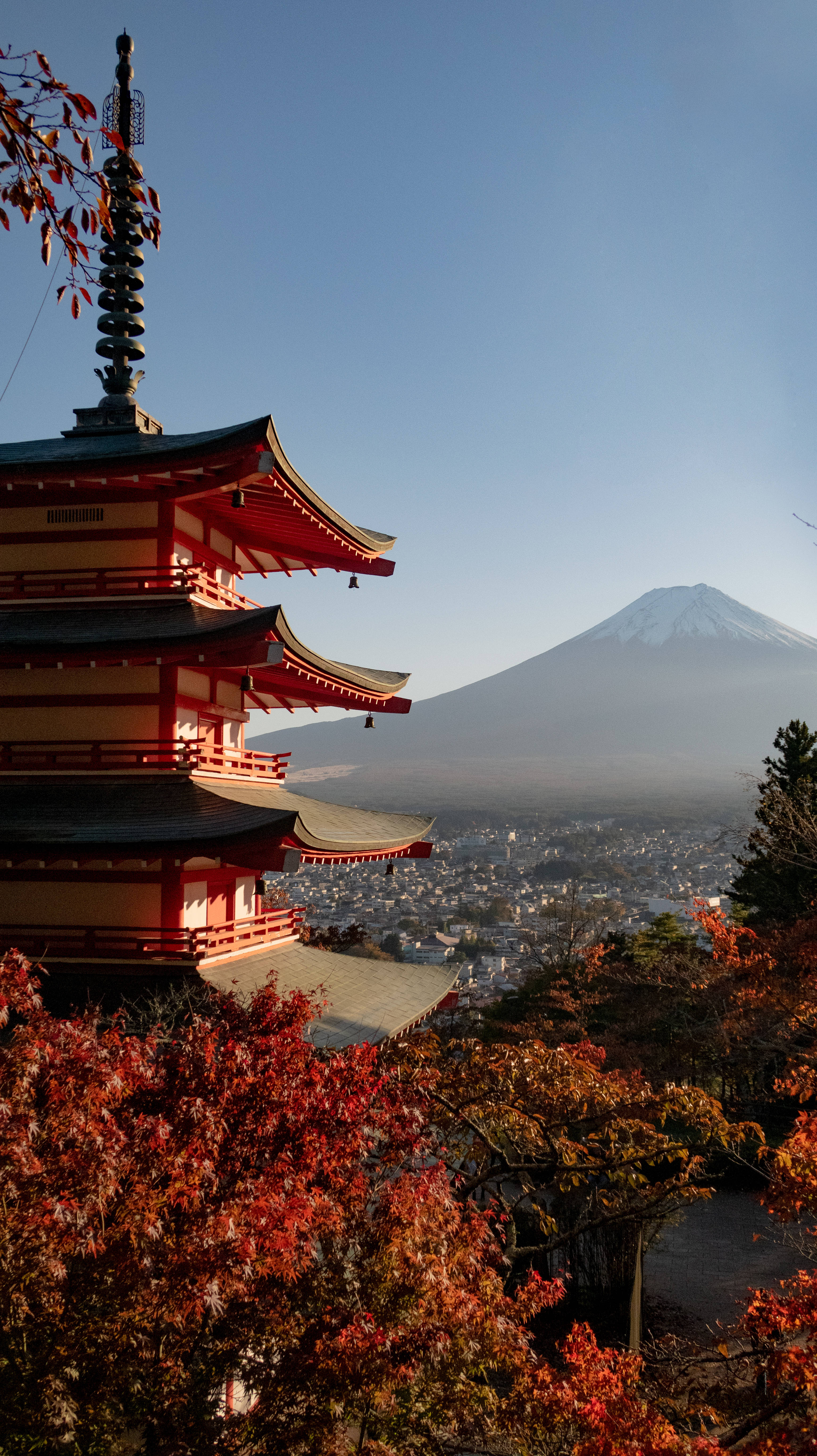 Best Autumn 桌布 壁紙 — 一座鮮紅色的寶塔矗立在秋葉之中，背景是白雪覆蓋的富士山在晴朗藍天下雄偉地聳立。