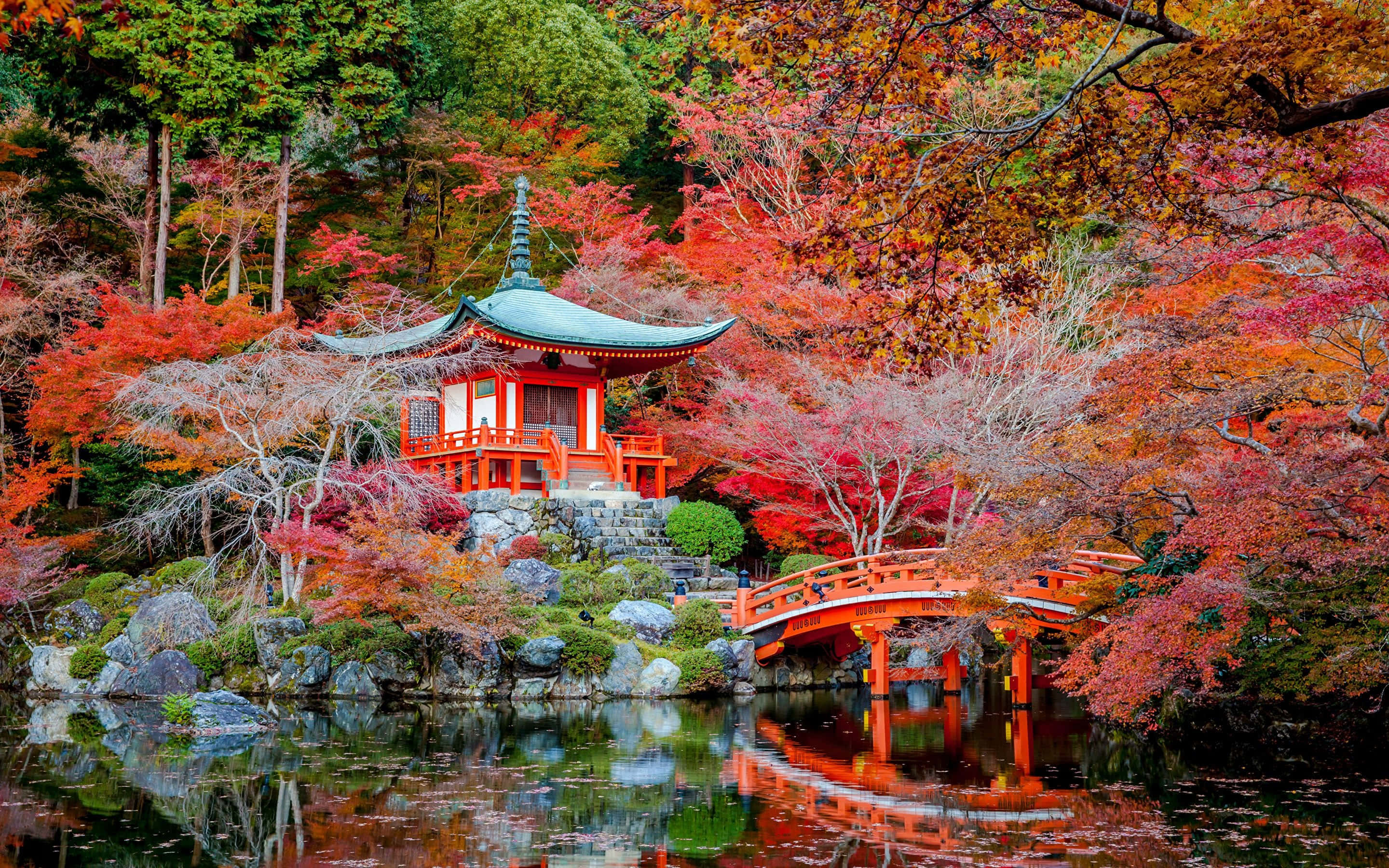 日式 桌布 壁紙 — 一座鮮紅色的日本寶塔和橋樑倒映在平靜的水面上，周圍環繞著火紅的秋葉。