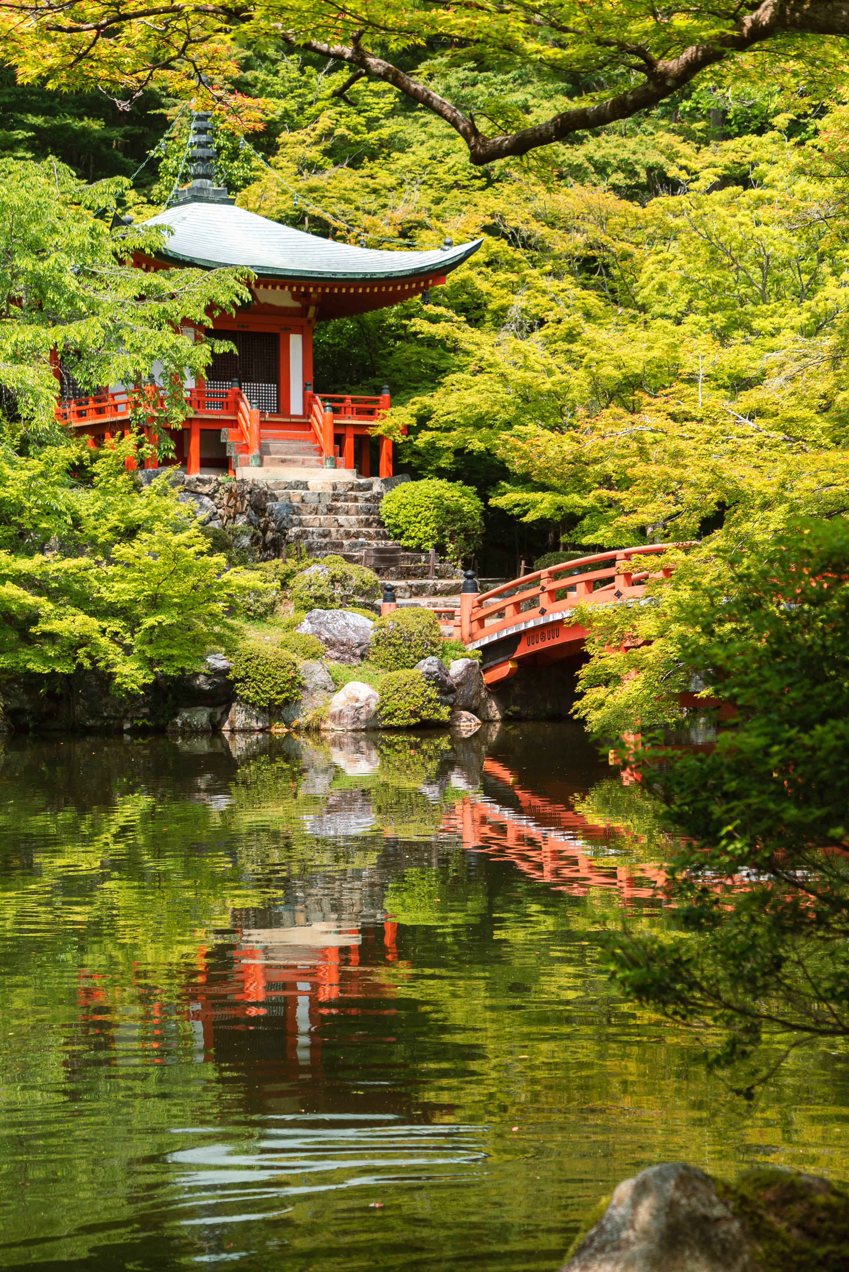 日本 桌布 壁紙 — 一座鮮紅色的日本寺廟和橋樑倒映在平靜的水面上，周圍環繞著茂密的綠色樹葉。